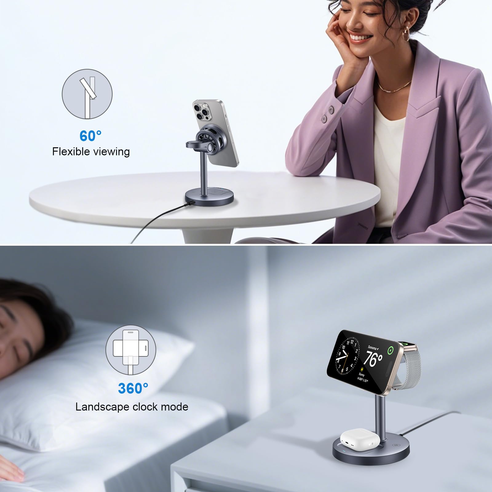 DOMARS Qi2-Certified Magnetic Wireless Charging Station | 15W Fast Charger with TEC Semiconductor Silent Fan | Nightstand Stand Compatible with Apple Watch, AirPods | Overheating-Proof Design