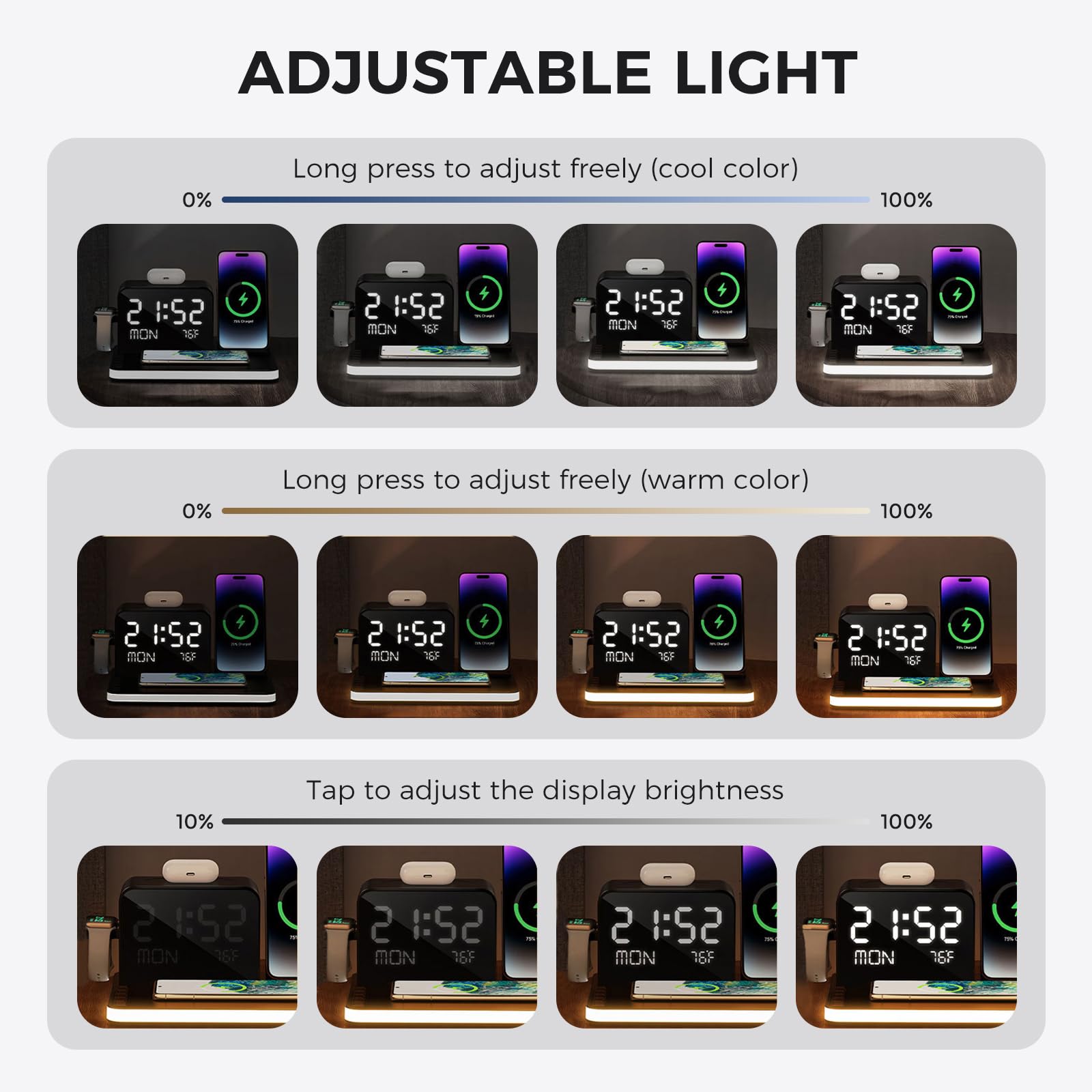 Domars 7-in-1 Wireless Charging Station, 33W Fast Charger Wireless Charger for iPhone 17/16/15 Pro Max, Apple Watch, AirPods | Charger Stand with Bluetooth Time Sync & Temperature Display