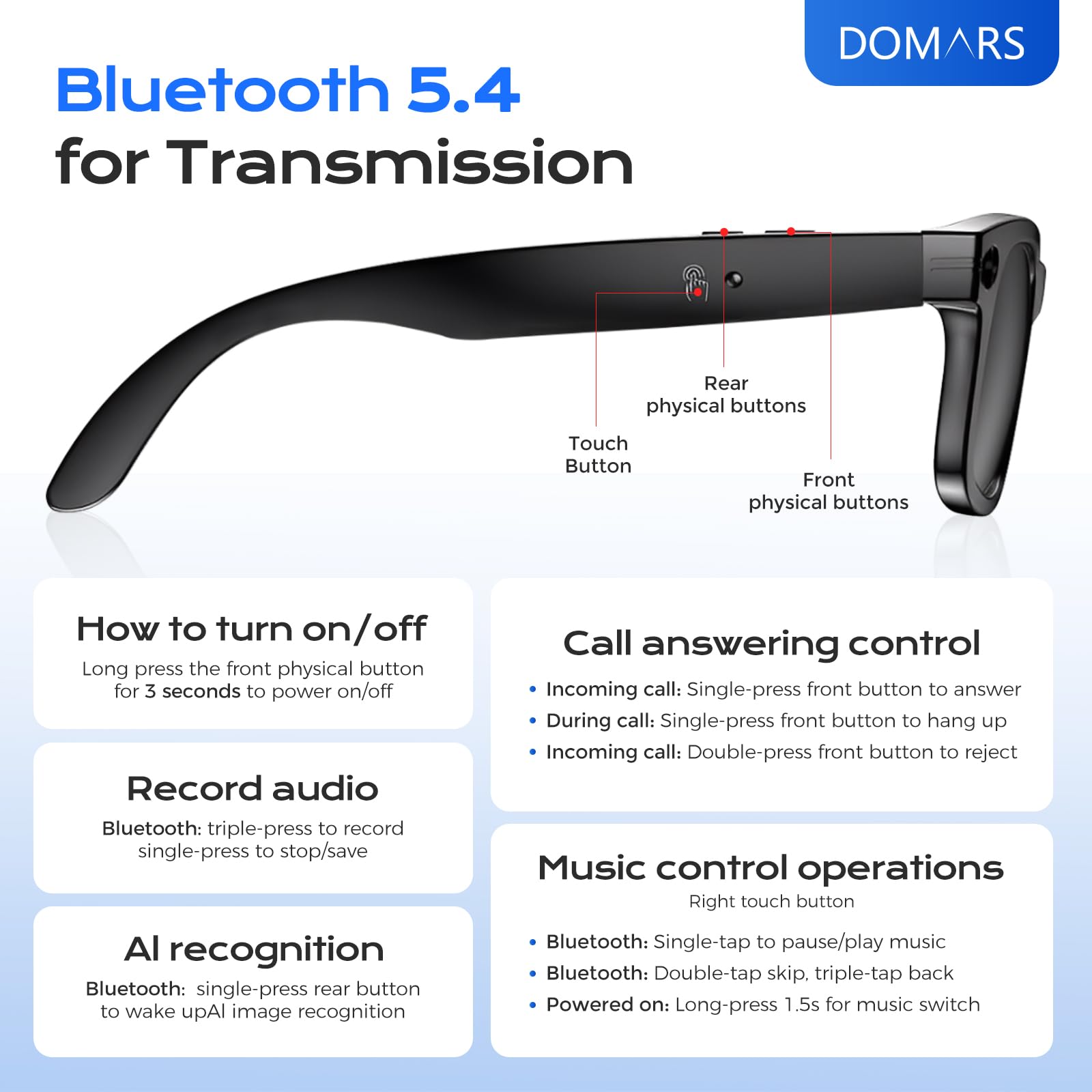 Domars AI Smart Glasses with Camera, 144 Languages Real-Time Translator, 8MP HD Video Recording, Bluetooth 5.4, Voice Assistant, 12H Battery, IP65 Waterproof, Stylish Frame for Men & Women