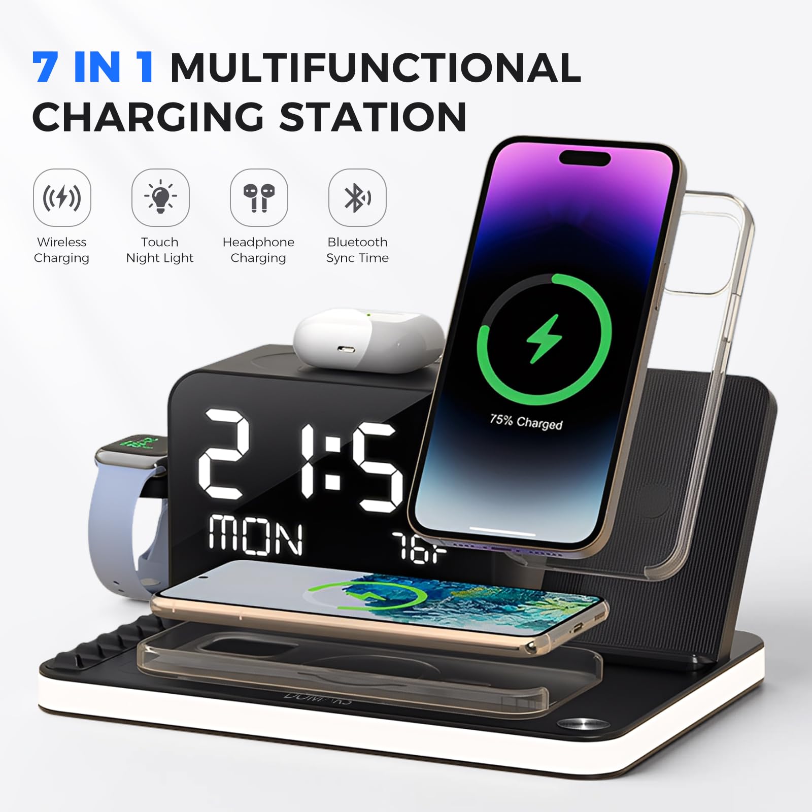 Domars 7-in-1 Wireless Charging Station, 33W Fast Charger Wireless Charger for iPhone 17/16/15 Pro Max, Apple Watch, AirPods | Charger Stand with Bluetooth Time Sync & Temperature Display