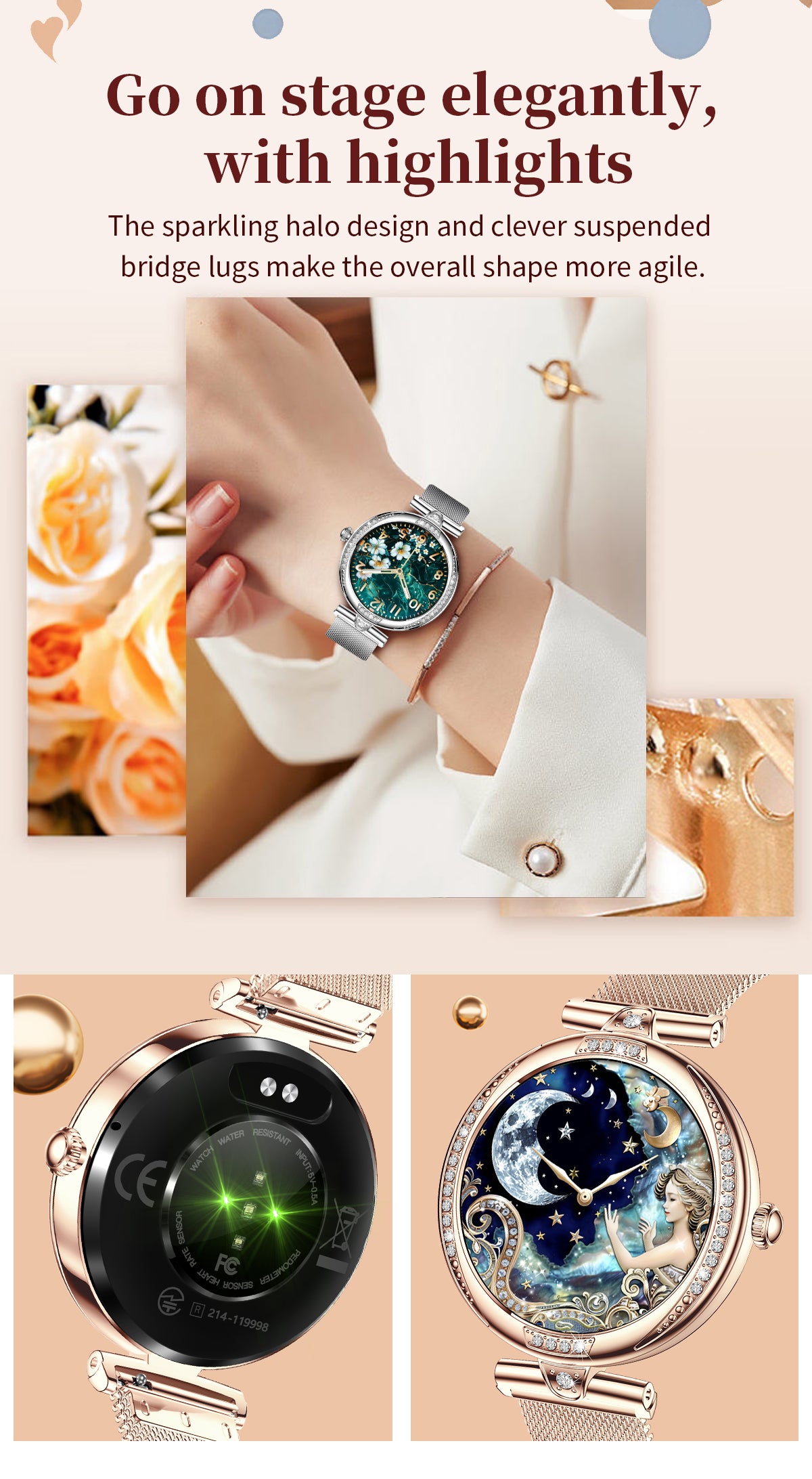 Women Smart Watch, Bluetooth Calling Fitness Tracker, 1.19” AMOLED Diamond Round Wrist Watch IP68 Waterproof Stainless Steel Band Smartwatch for Android iOS Gold Silver
