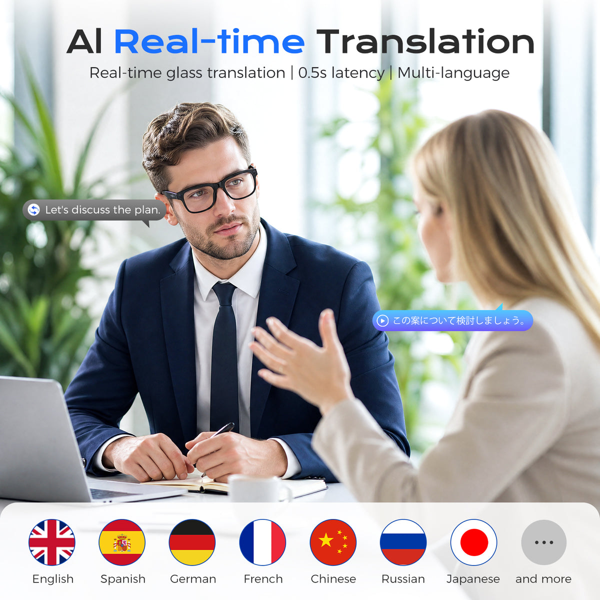 Domars AI Smart Glasses, 13MP Camera and Translation in 40 Languages, 1400mAh Charging Case, Wi-Fi and Bluetooth 5.3, Video and Audio, Real-Time Translation, Voice Assistant for iPhone 18/17/16