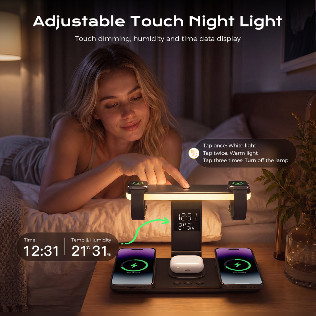 Domars 5-in-1 Foldable Wireless Charger Station, 15W Fast Charging Stand for Multiple Devices with Dual Apple Watch Charger, Touch Control Desk Lamp & Digital Clock, Compatible with iPhone 12-16, AirPods, Apple Watch Series 1-10/Ultra 1/2