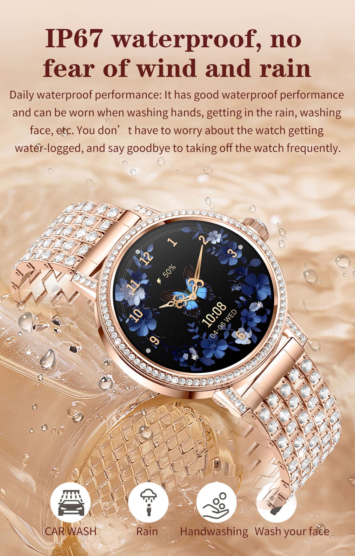 Smart Watch for Women, Diamond Encrusted Fitness Tracker, 1.27" HD Touch Screen IP67 Waterproof Smartwatch Compatible with iOS Android, Multi Sport Modes Long Battery Life Ladies Wrist Watch
