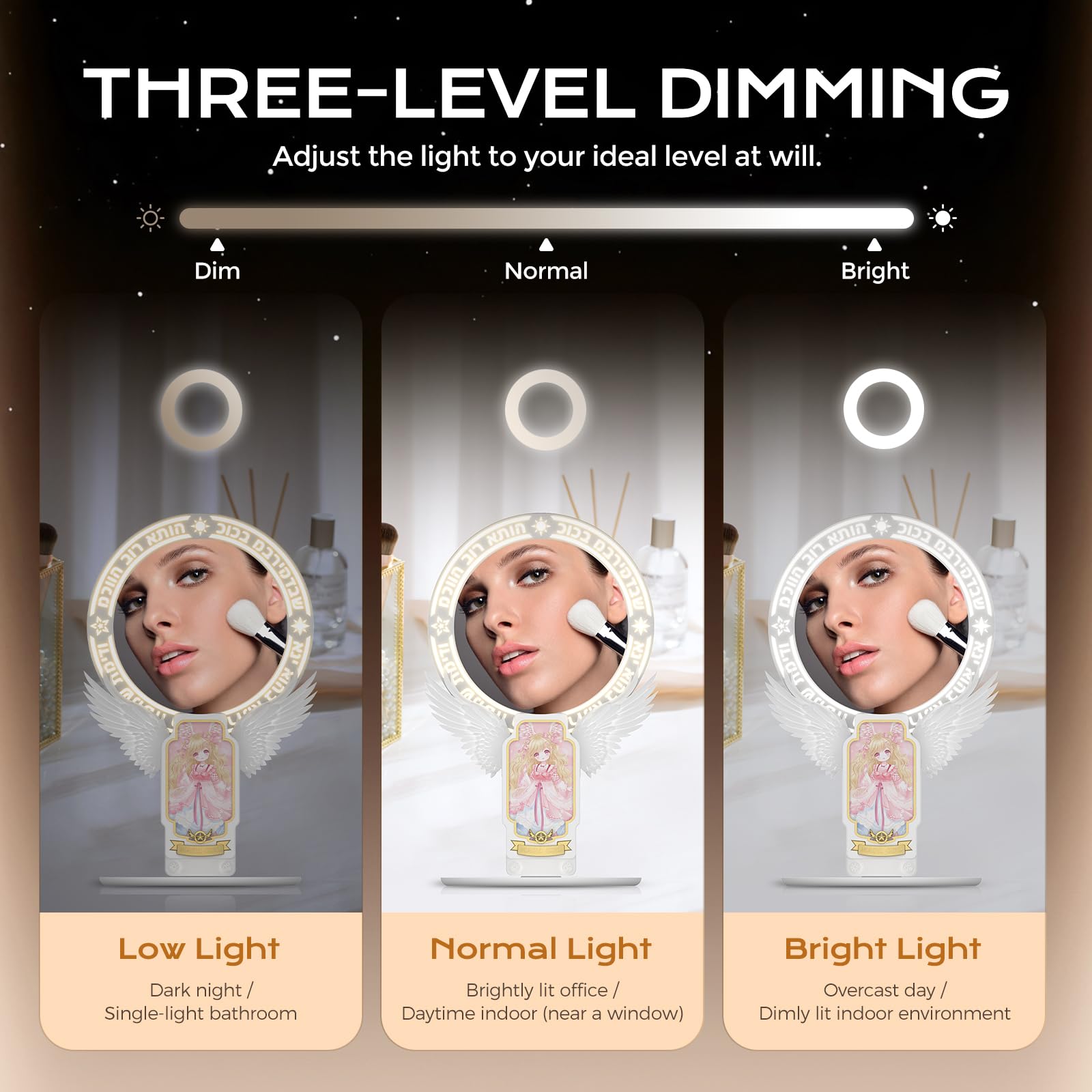 Domars 20cm Auto-Cleaning Makeup Mirror, 3 Colors & 10-Level Dimmable Touch Control, with Phone Holder, All-in-One Vanity Mirror for Streaming, Professional Makeup, Vlogging