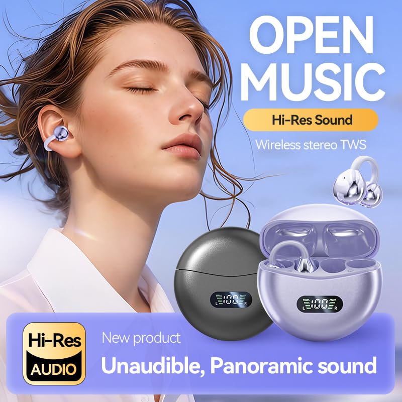Domars Open Ear Clip-On Wireless Earbuds Bluetooth 5.4 Bone Conduction Headphones with Touch Control, LED Display, Lightweight & Secure Fit, IPX4 Sport Ear Buds with Mic for Running, Gym, Work