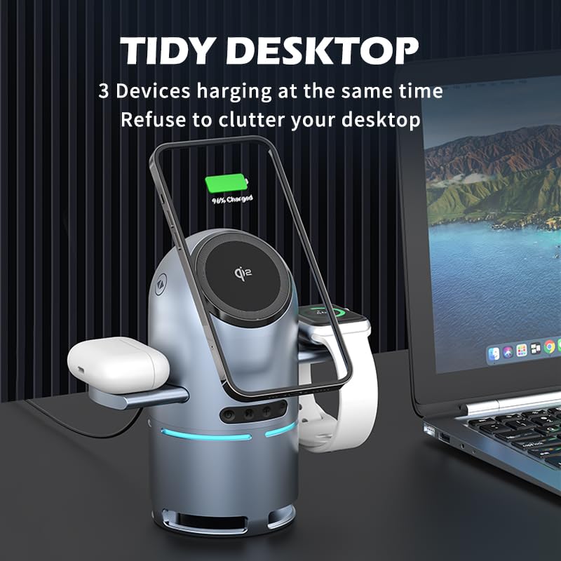 Domars 4 in 1 Waterproof Bluetooth Speaker with Phone Stand, Portable Wireless Speaker for Beach/Outdoor/Home, Retractable Charging Station with Auto-Rotate Phone Stand Applicable for iPhone/Android