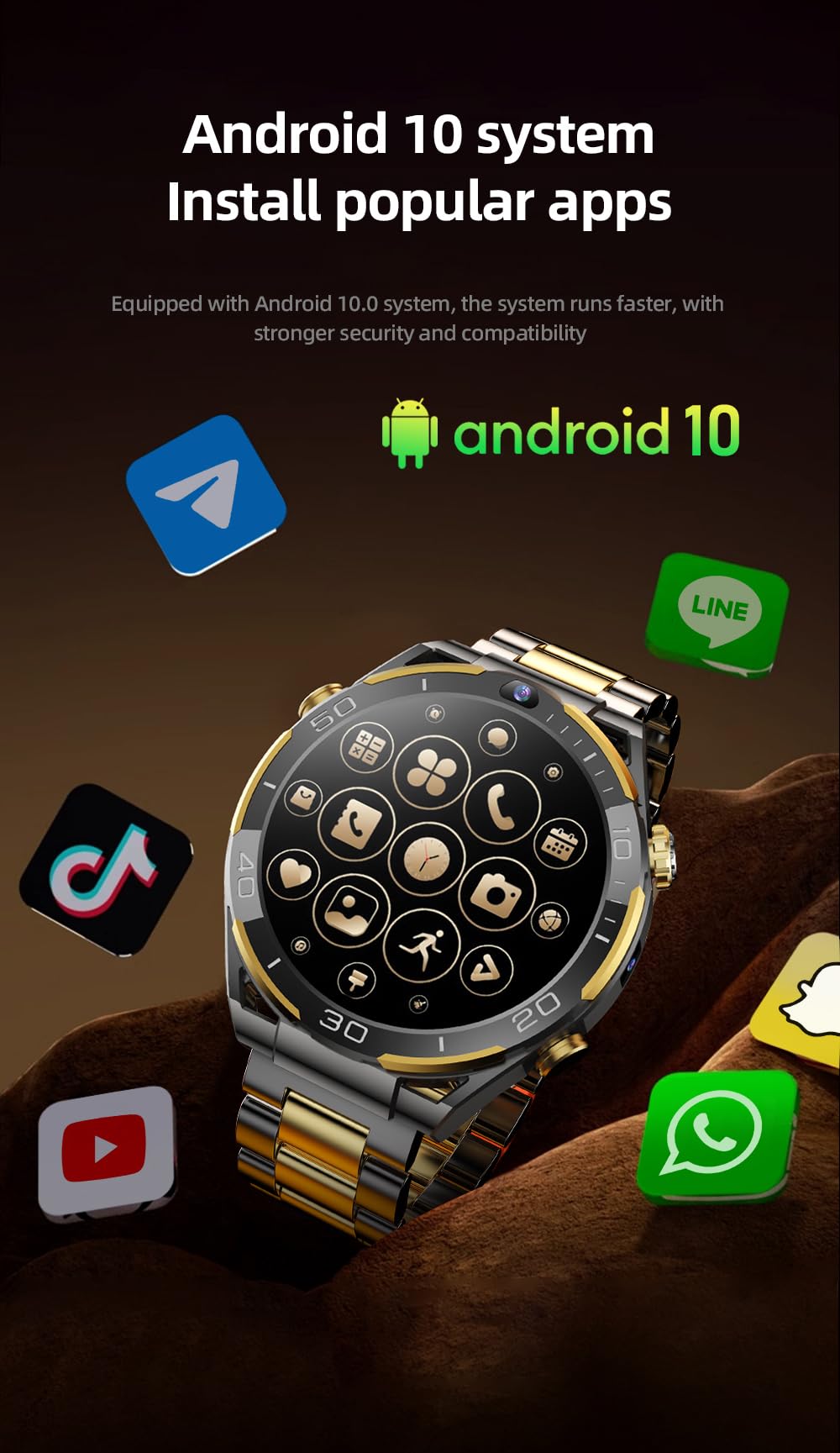 Domars Smart Watch with 200MP Camera, 6GB+128GB Memory, Android 10 OS, 1.5" HD Screen, 85 Language Support, 800mAh Battery for Men & Women