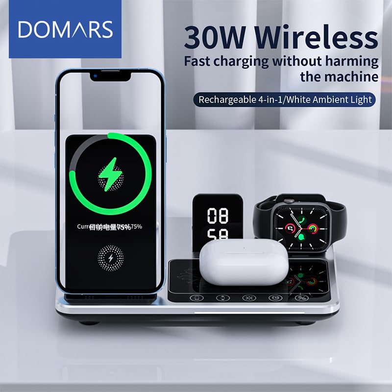 Domars 4 in 1 Wireless Charging Station: 15W Fast Wireless Charger for iPhone 16/15/14 Pro Max, Apple Watch Ultra 10/9/8, AirPods Pro | Multi-Device Desk Dock with Magnetic Alignment