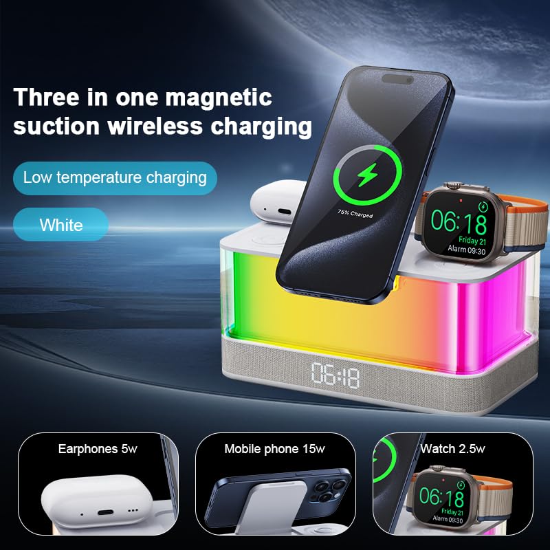 Domars Wireless Charging Station with Bluetooth 5.3 Speaker, 3D LED Night Light, Digital Clock, and Phone Holder for Home, Office, and Bedroom