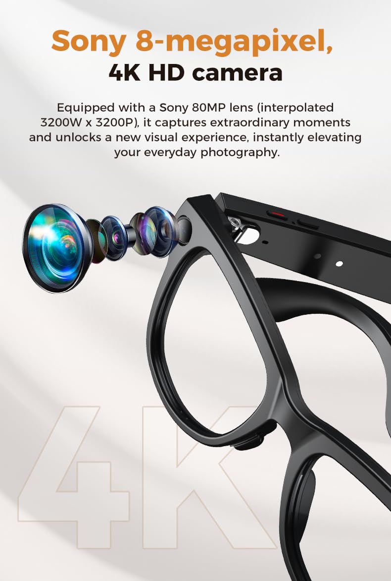 Domars Ultra AI Smart Glasses with 3600mAh Charging Case, 8MP Camera, Built-in ChatGPT, Voice Assistant, Hands-Free Recording & Translation, 32GB Memory, for Travel & Office