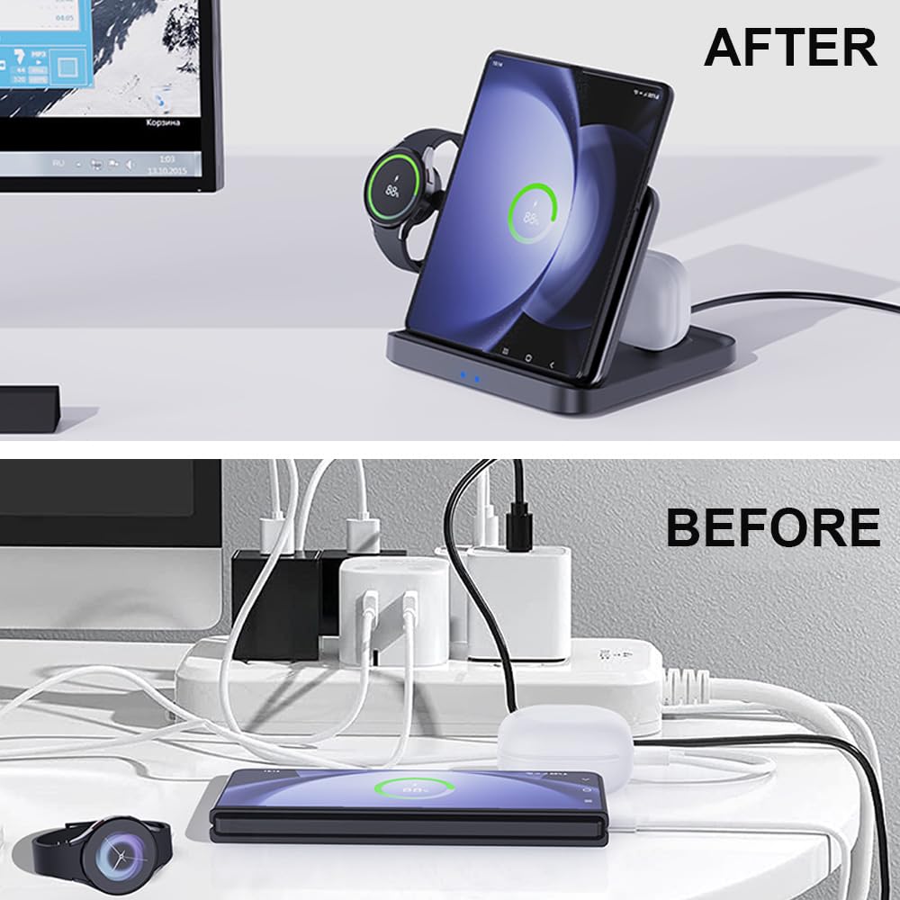 Domars 3-in-1 Foldable Wireless Charging Station, 15W Fast Charger for Samsung Galaxy Z Fold/Flip 5-1, iPhone 17-12, Galaxy Watch 6-1 & Buds, Compact Desktop Stand