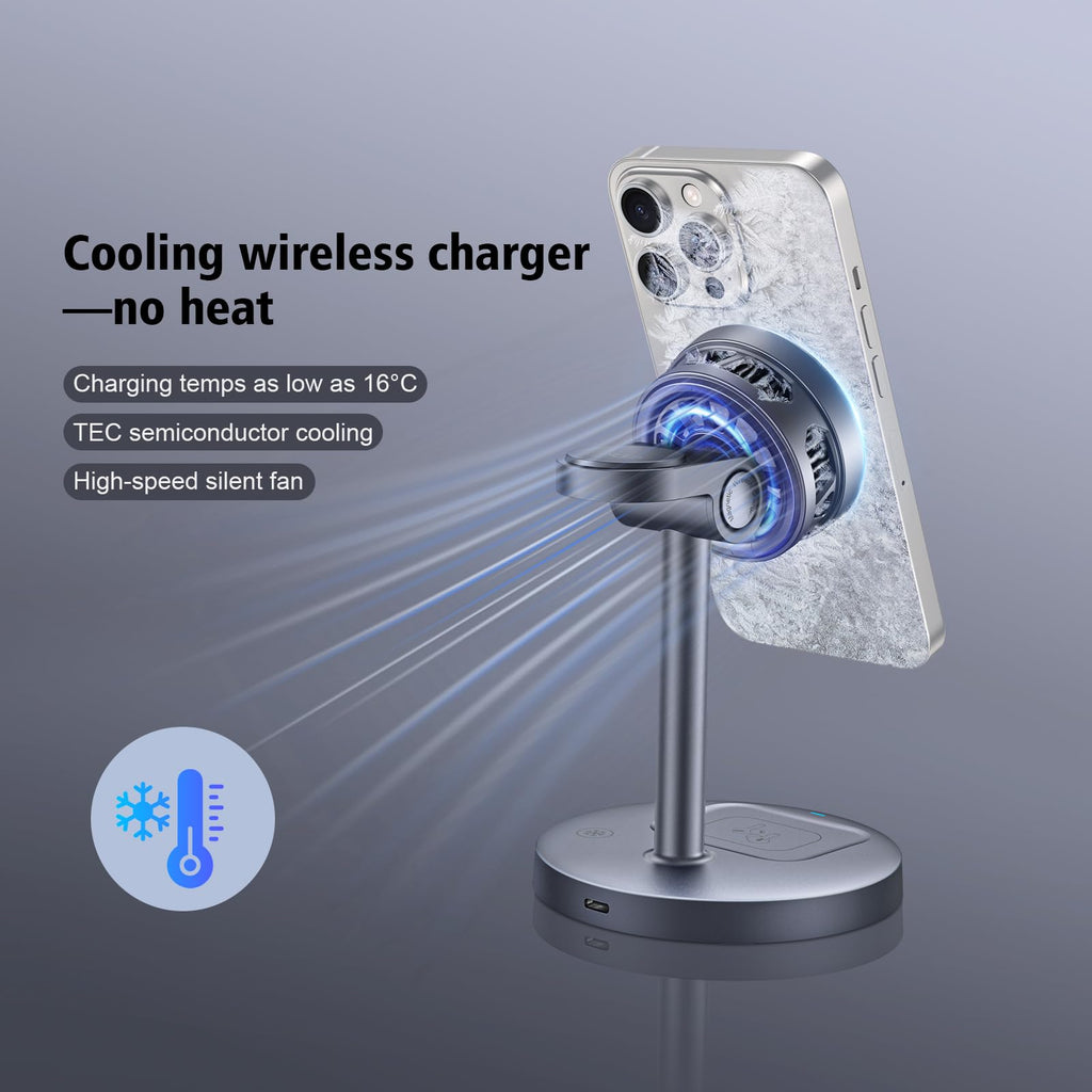 DOMARS Qi2-Certified Magnetic Wireless Charging Station | 15W Fast Charger with TEC Semiconductor Silent Fan | Nightstand Stand Compatible with Apple Watch, AirPods | Overheating-Proof Design