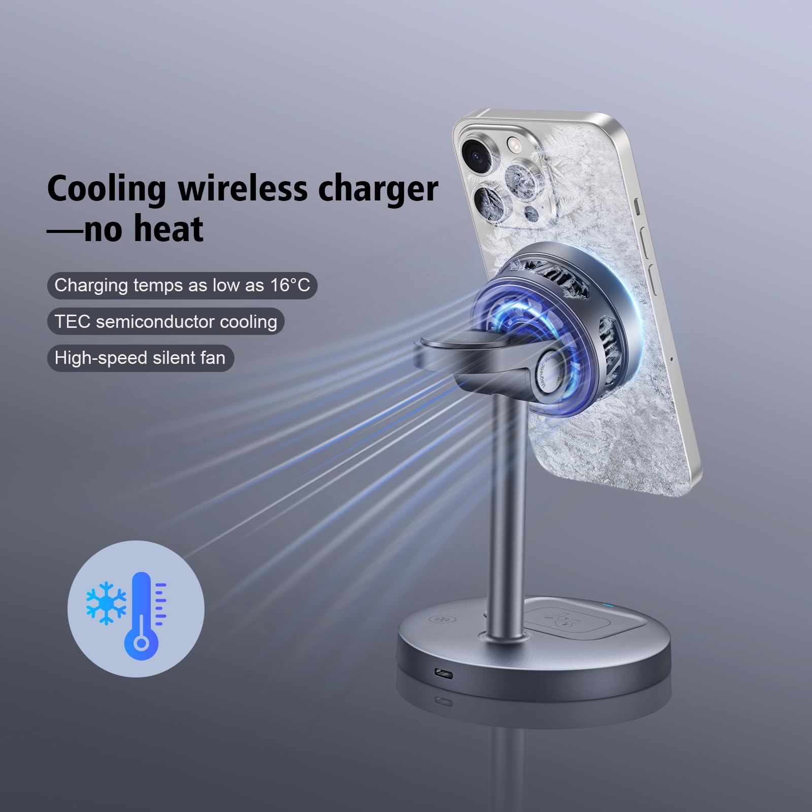 DOMARS Qi2-Certified Magnetic Wireless Charging Station | 15W Fast Charger with TEC Semiconductor Silent Fan | Nightstand Stand Compatible with Apple Watch, AirPods | Overheating-Proof Design