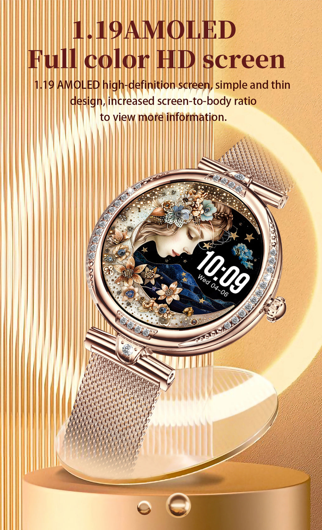 Women Smart Watch, Bluetooth Calling Fitness Tracker, 1.19” AMOLED Diamond Round Wrist Watch IP68 Waterproof Stainless Steel Band Smartwatch for Android iOS Gold Silver