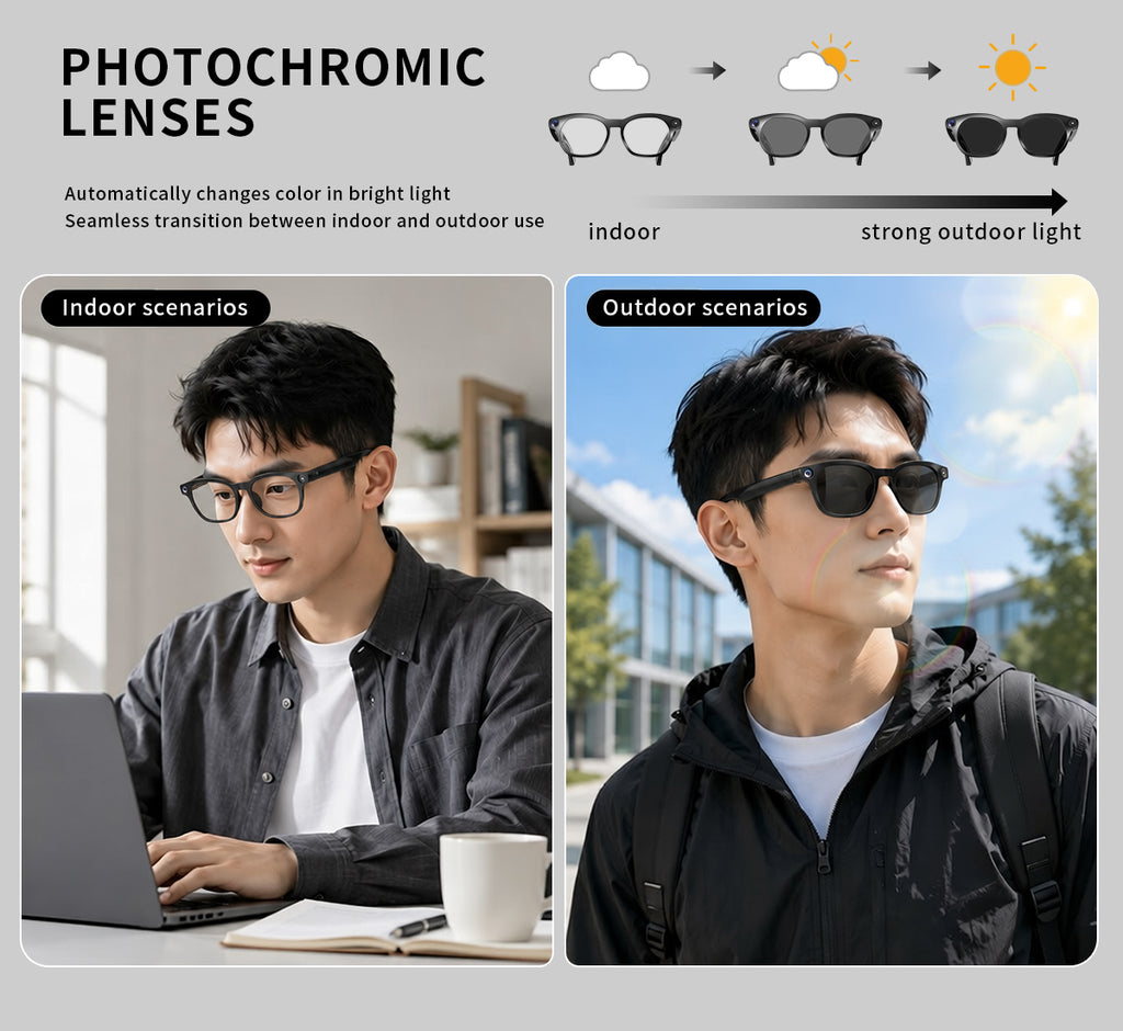 Domars AI Smart Glasses with Photochromic Lens, 8MP 1080P HD Camera for Video Recording, Voice‑Activated AI Assistant, Bluetooth Calling & Music, Portable 2000mAh Magnetic Charging Case for Outdoor Travel Daily Use