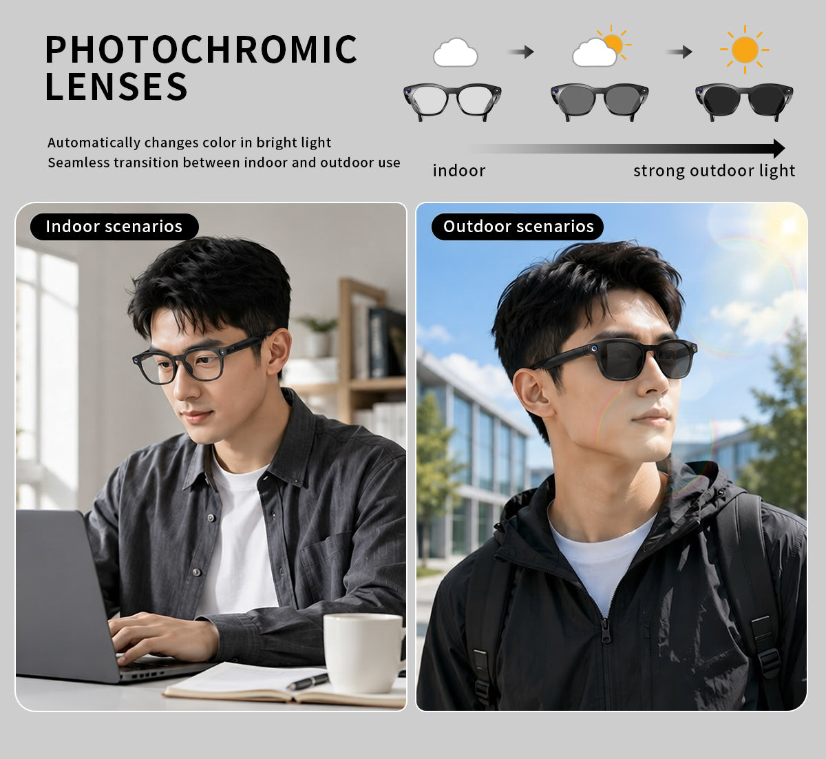 Domars AI Smart Glasses with Photochromic Lens, 8MP 1080P HD Camera for Video Recording, Voice‑Activated AI Assistant, Bluetooth Calling & Music, Portable 2000mAh Magnetic Charging Case for Outdoor Travel Daily Use