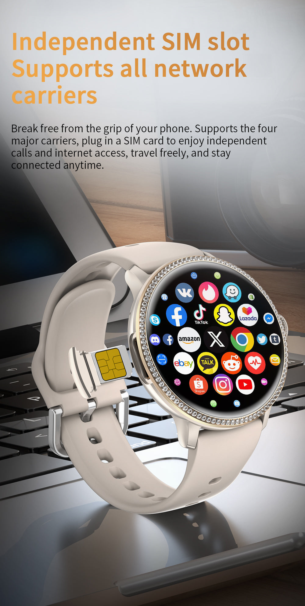 Smart Watch for Women 4G LTE Android Smartwatch with 1.65" AMOLED Screen, Diamond Bezel, Independent SIM Card, NFC Access Control, GPS Navigation, Fitness Tracking & Rotatable HD Camera
