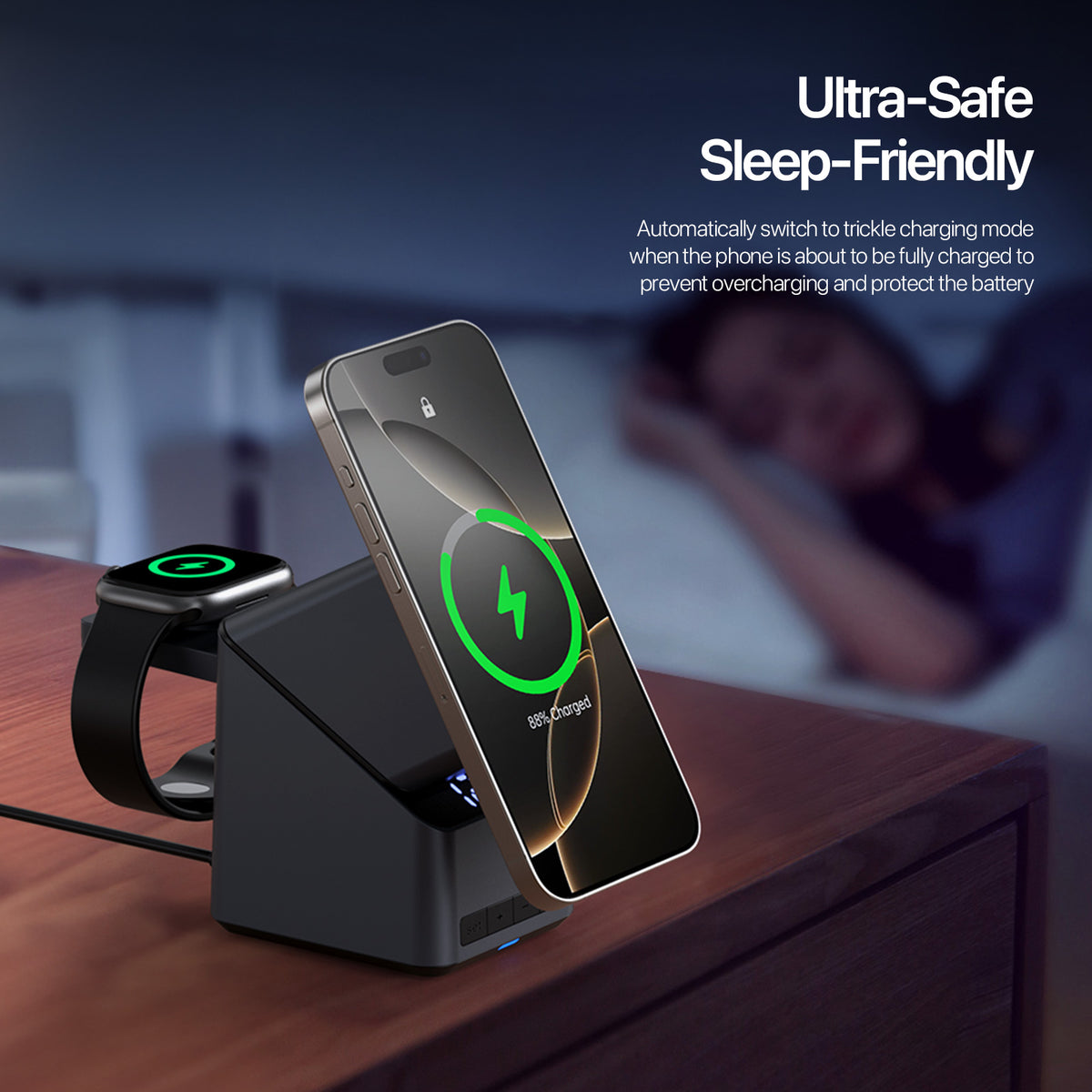 Domars Magnetic Wireless Charging Station,4-in-1 wireless charger,with 180° Auto-Rotation & Clock,Fast 15W Charger for iPhone 17-12 Series,Apple Watch, AirPods,Qi-Enabled Android Phones