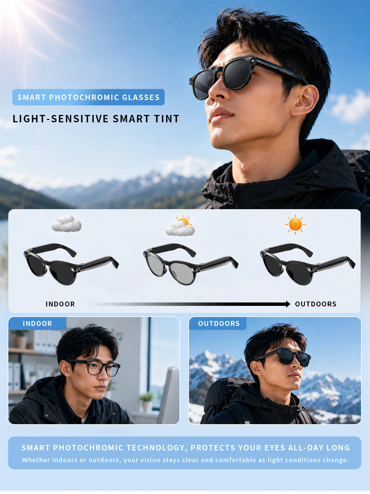 Domars AI Smart Glasses with Photochromic Lens, 8MP 1080P HD Camera for Video Recording, Voice‑Activated AI Assistant, Bluetooth Calling & Music, Portable 2000mAh Magnetic Charging Case for Outdoor Travel Daily Use（副本）