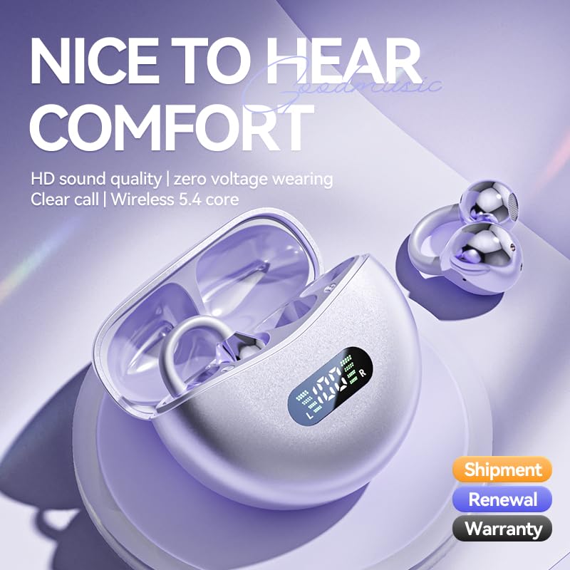 Domars Open Ear Clip-On Wireless Earbuds Bluetooth 5.4 Bone Conduction Headphones with Touch Control, LED Display, Lightweight & Secure Fit, IPX4 Sport Ear Buds with Mic for Running, Gym, Work