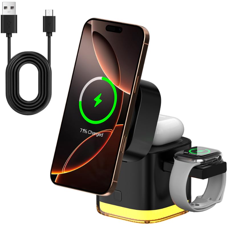 5-in-1 MagSafe Wireless Charging Station | 15W Fast Charger Compatible with iPhone 16-12, Apple Watch, AirPods | Built-in Cable & Night Light | Portable Dock for Home, Office, Travel