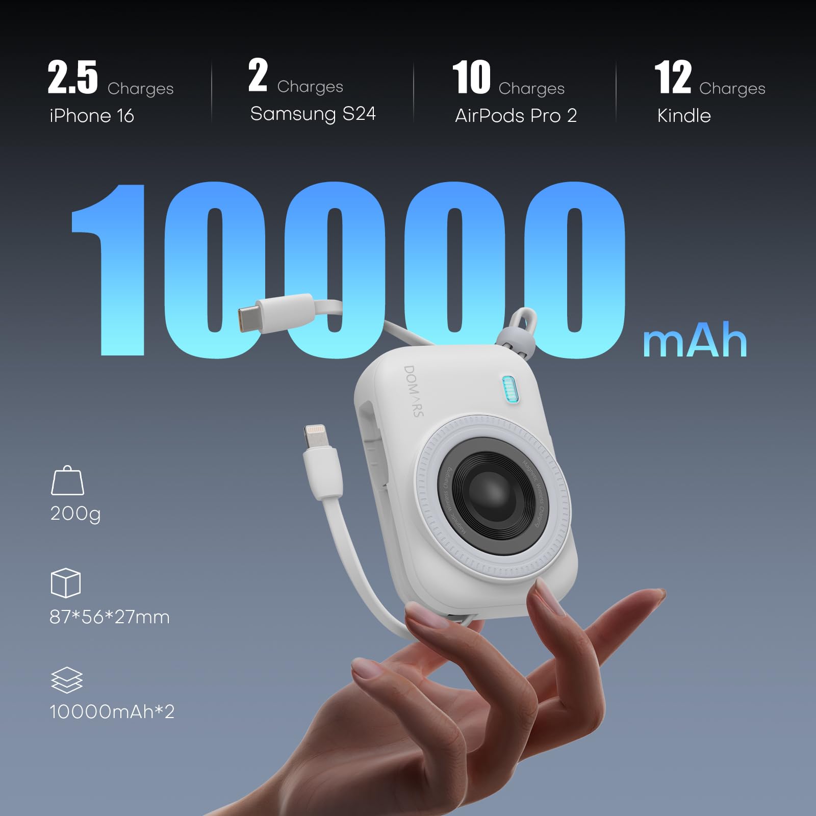 Domars Family Power Bank Station - 5-Port Shared Charging Hub with Multi-Device 10000mAh Portable Chargers, 22.5W Fast Charging, Built-in C/Lightning Cables, LED Display for Home Office Cafe Outdoor