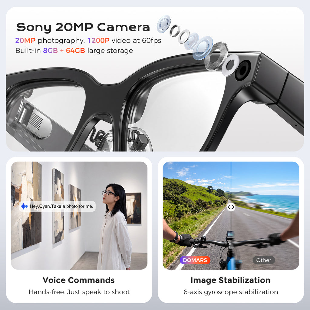 Domars Smart Glasses AI Glasses with AI translation in 145 languages,8-megapixel camera, Bluetooth 5.4,voice assistant, stereo sound and a lightweight design at 40g