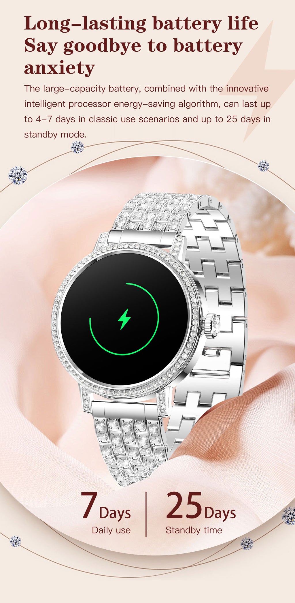 Smart Watch for Women, Diamond Encrusted Fitness Tracker, 1.27" HD Touch Screen IP67 Waterproof Smartwatch Compatible with iOS Android, Multi Sport Modes Long Battery Life Ladies Wrist Watch