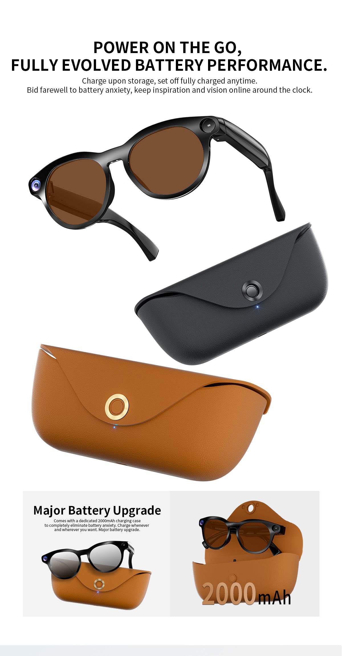 Domars AI Smart Glasses with Photochromic Lens, 8MP 1080P HD Camera for Video Recording, Voice‑Activated AI Assistant, Bluetooth Calling & Music, Portable 2000mAh Magnetic Charging Case for Outdoor Travel Daily Use（副本）