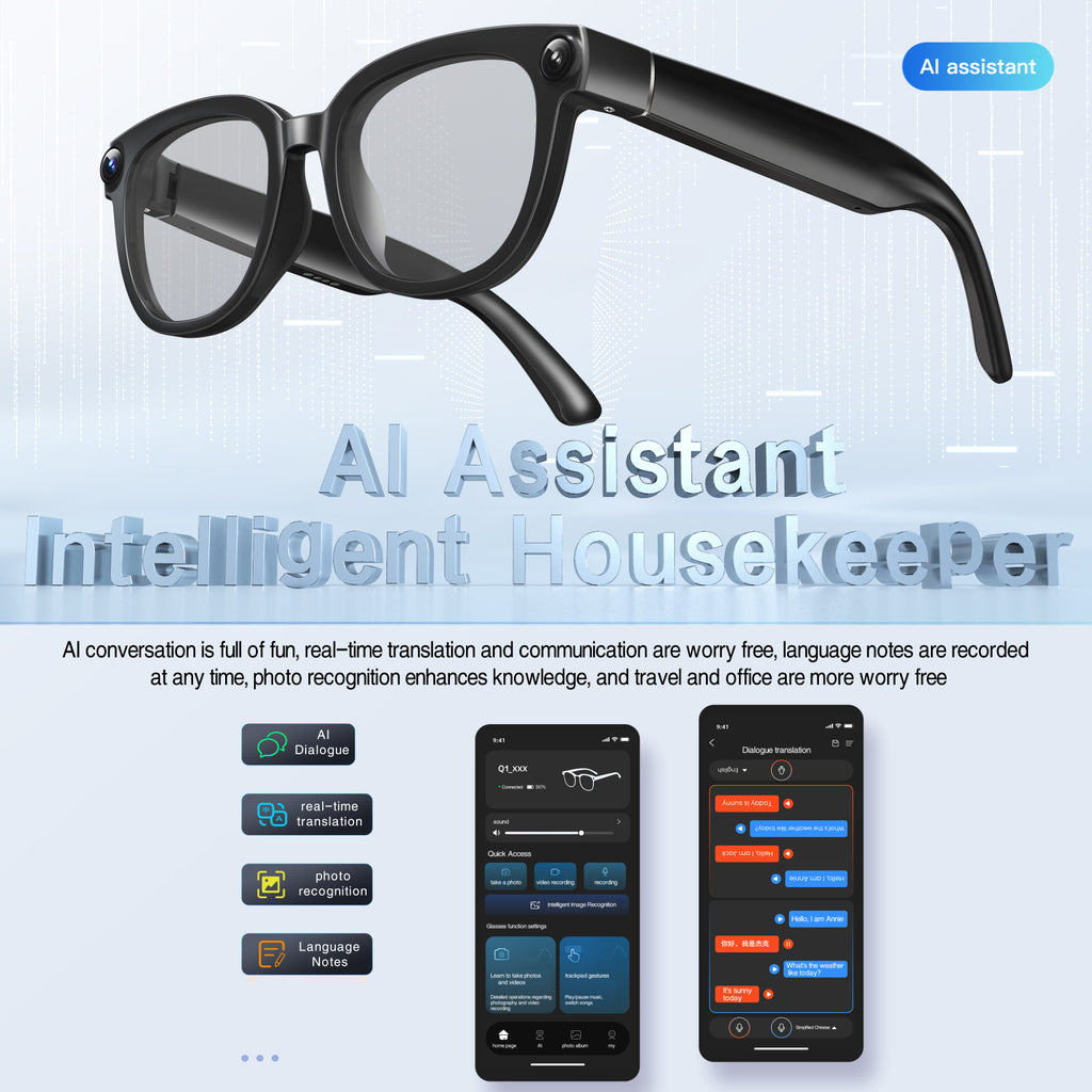 Q1 Smart Glasses 13MP 4K Camera, Bluetooth Audio Glasses, AI Voice Translate, Built-In Photochromic Lens, Hands-Free Call Video Recorder Eyewear
