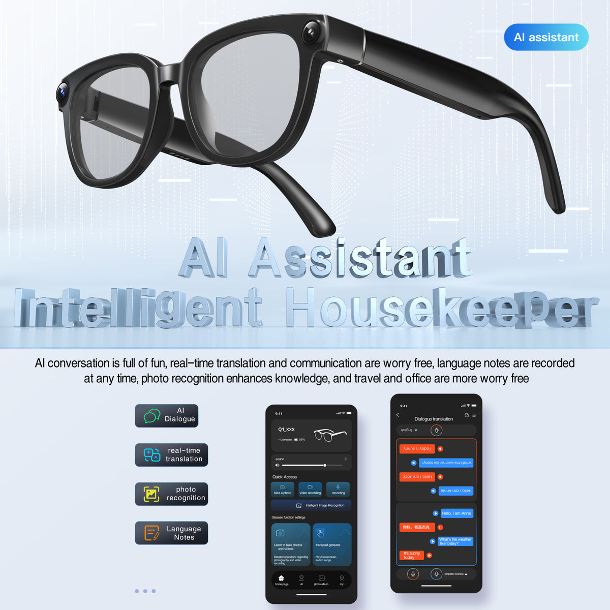 Q1 Smart Glasses 13MP 4K Camera, Bluetooth Audio Glasses, AI Voice Translate, Built-In Photochromic Lens, Hands-Free Call Video Recorder Eyewear