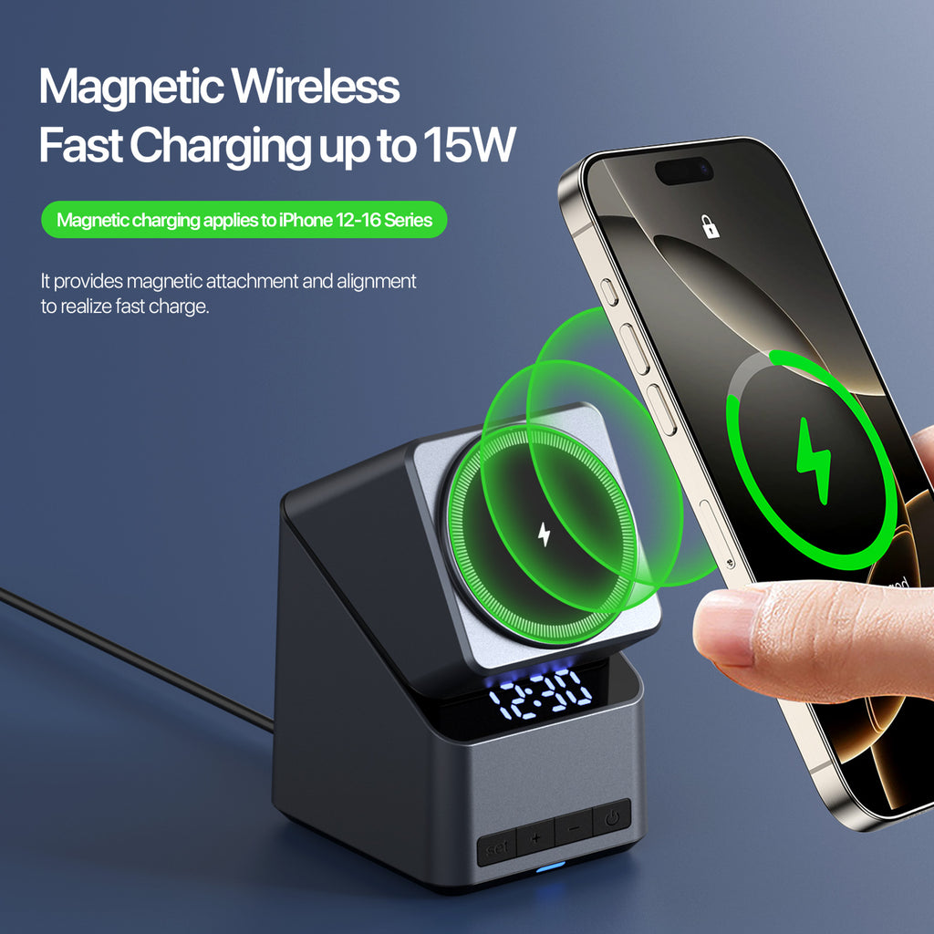 Domars Magnetic Wireless Charging Station,4-in-1 wireless charger,with 180° Auto-Rotation & Clock,Fast 15W Charger for iPhone 17-12 Series,Apple Watch, AirPods,Qi-Enabled Android Phones