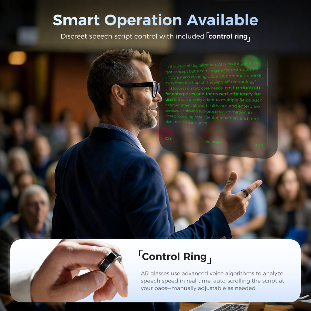 Domars AI AR XR Smart Glasses with Camera, Ring Control Teleprompter, 1500Nits Privacy Display, 268-Language Offline Translator, Recording Video Glasses for Business Travel Study Abroad