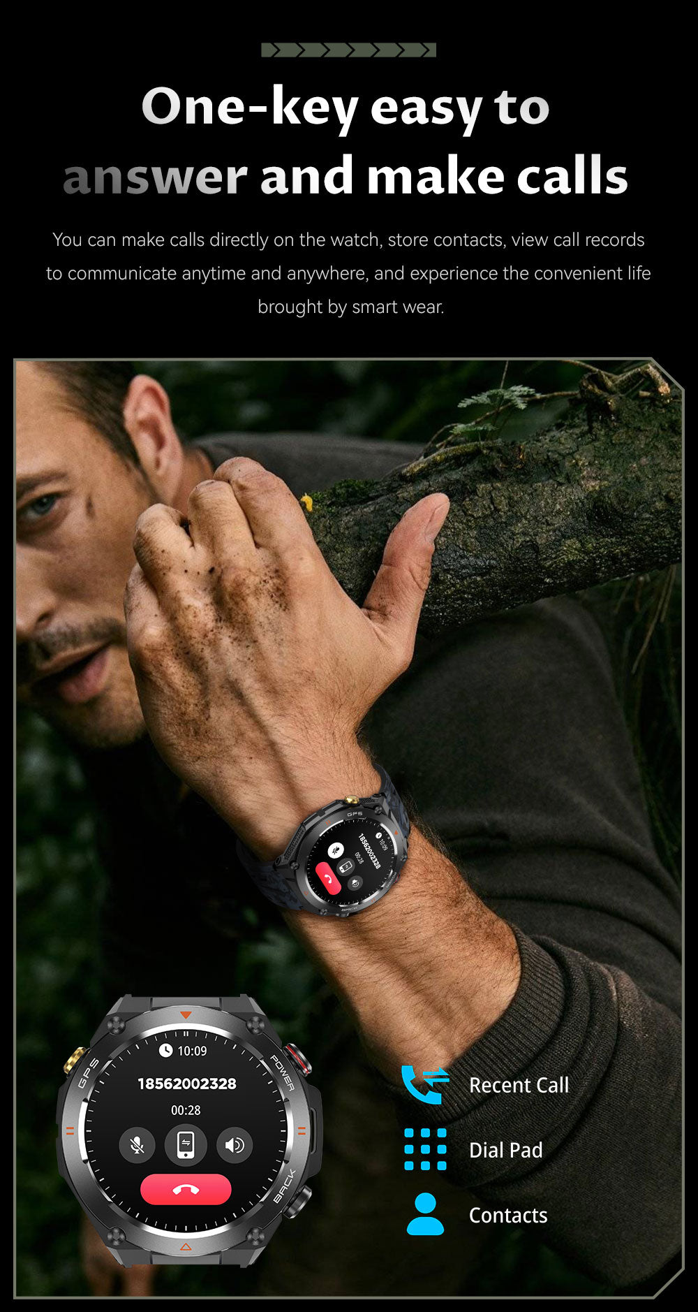 GPS Smart Watch for Men Women, Outdoor Sports Smartwatch with Bluetooth Call, 650mAh Big Battery, Compass Altimeter Barometer, 100+ Workout Modes, 1.45” Touch Screen Fitness Watch for Hiking