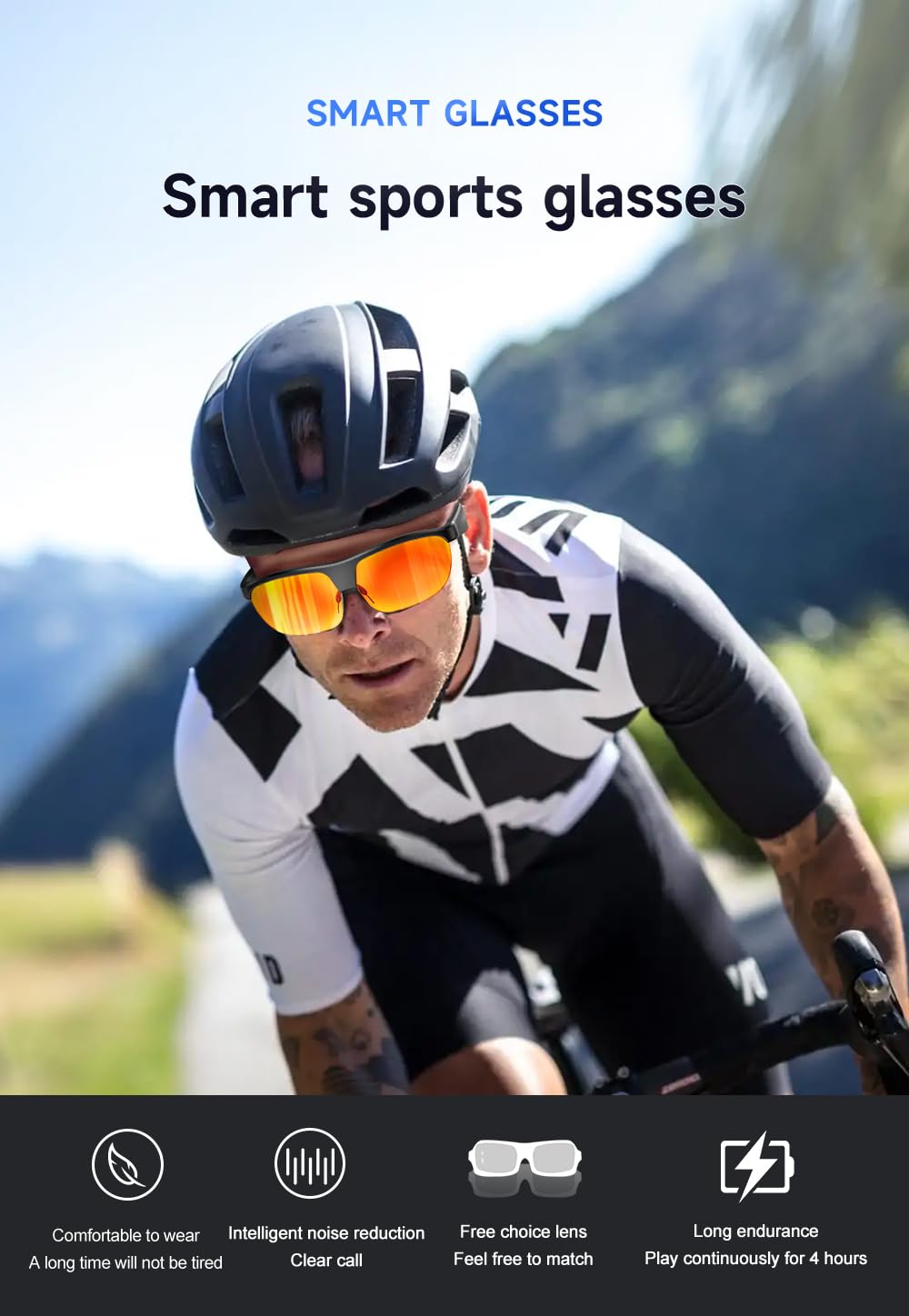 Domars Smart Glasses for Sports, AI Translator with 144 Languages, Bluetooth 5.0 Open-Ear Headphones, ENC Noise Cancelling, 4H Playtime, IPX5 Sweatproof, for Cycling/Running/Travel/Outdoor