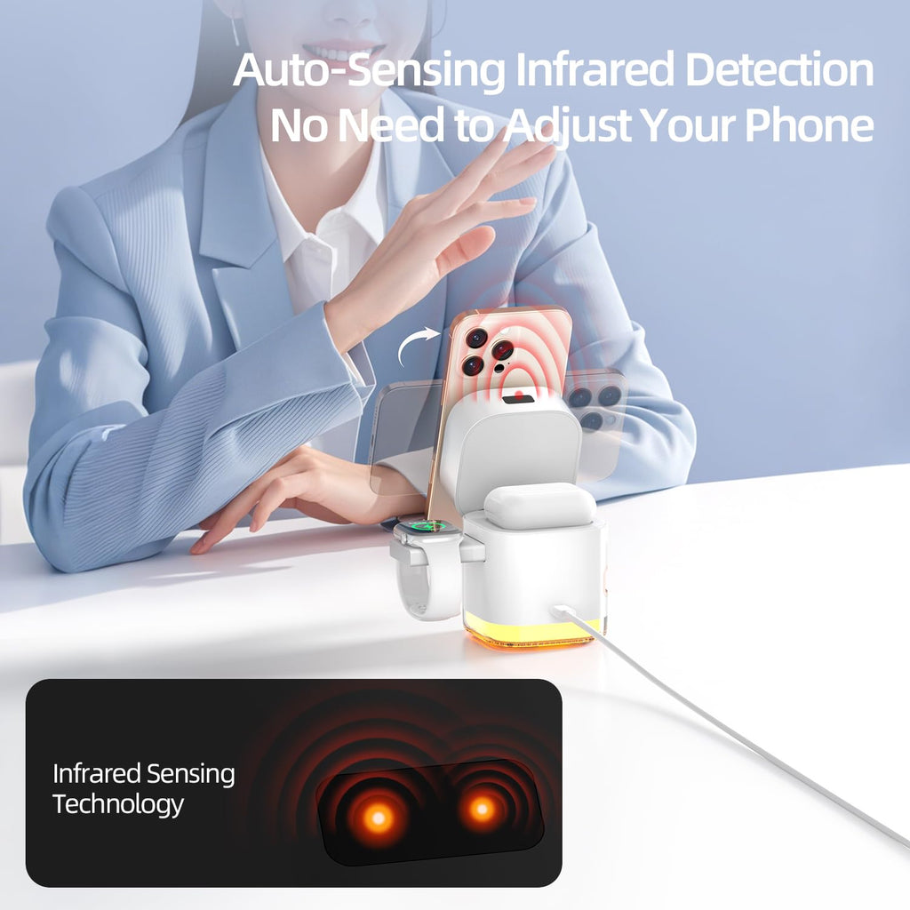 5-in-1 MagSafe Wireless Charging Station | 15W Fast Charger Compatible with iPhone 16-12, Apple Watch, AirPods | Built-in Cable & Night Light | Portable Dock for Home, Office, Travel