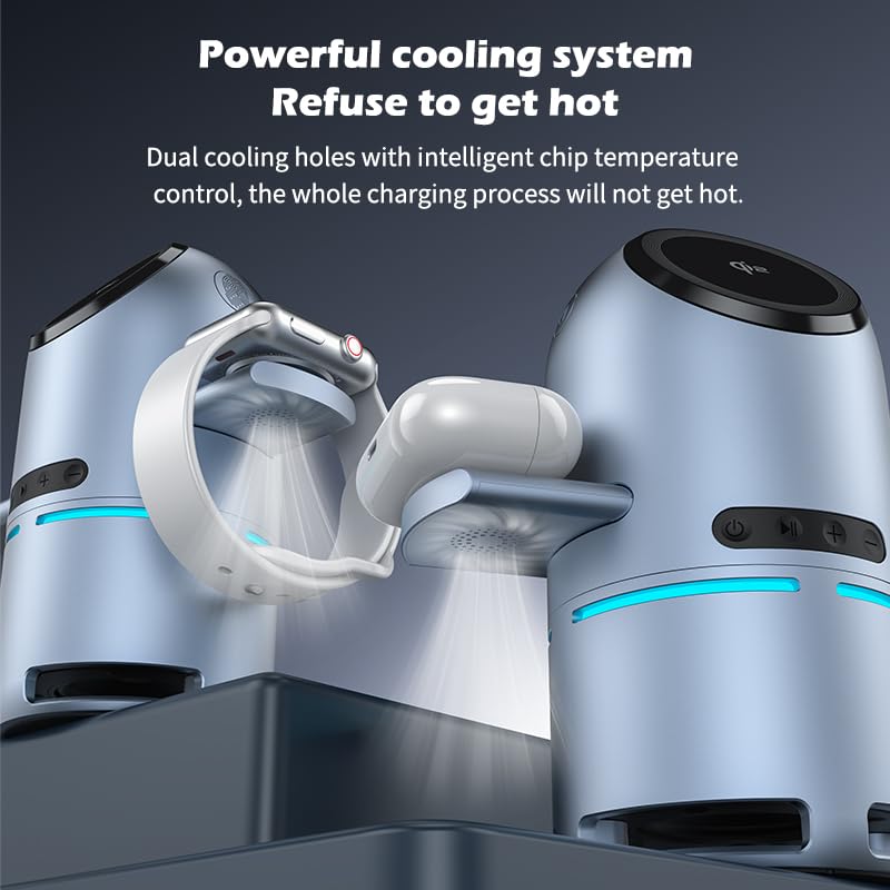 Domars 4 in 1 Waterproof Bluetooth Speaker with Phone Stand, Portable Wireless Speaker for Beach/Outdoor/Home, Retractable Charging Station with Auto-Rotate Phone Stand Applicable for iPhone/Android