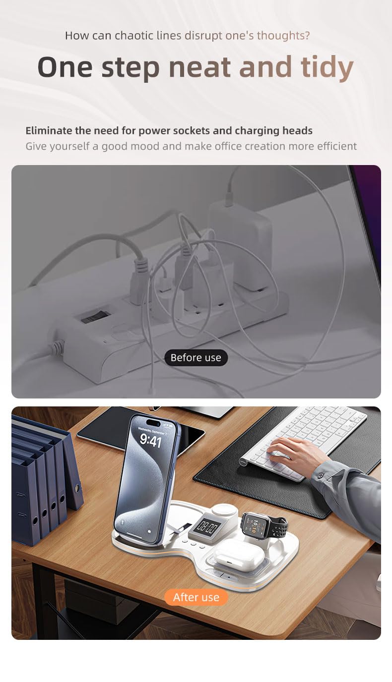 Domars 6-in-1 Auto-Lift Wireless Charging Station, 15W Fast Charger for iPhone 17/16/15/14/13, Apple Watch 10/9/8, AirPods 4/3,with Clock & 7-Color Ambient Light, Nightstand Desk Dock