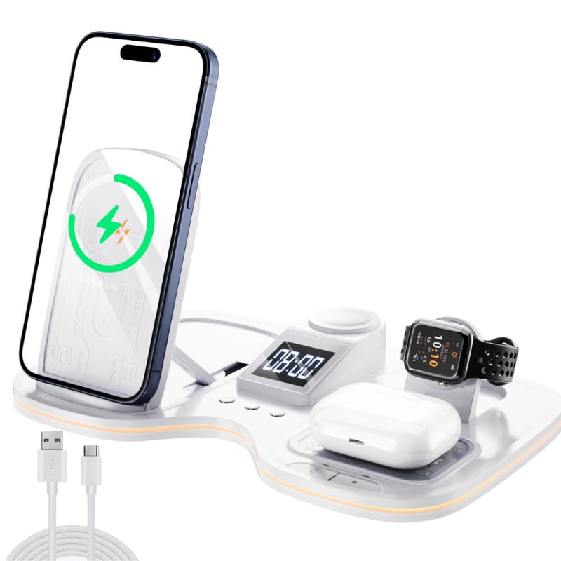 Domars 6-in-1 Auto-Lift Wireless Charging Station, 15W Fast Charger for iPhone 17/16/15/14/13, Apple Watch 10/9/8, AirPods 4/3,with Clock & 7-Color Ambient Light, Nightstand Desk Dock