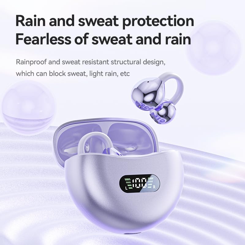 Domars Open Ear Clip-On Wireless Earbuds Bluetooth 5.4 Bone Conduction Headphones with Touch Control, LED Display, Lightweight & Secure Fit, IPX4 Sport Ear Buds with Mic for Running, Gym, Work