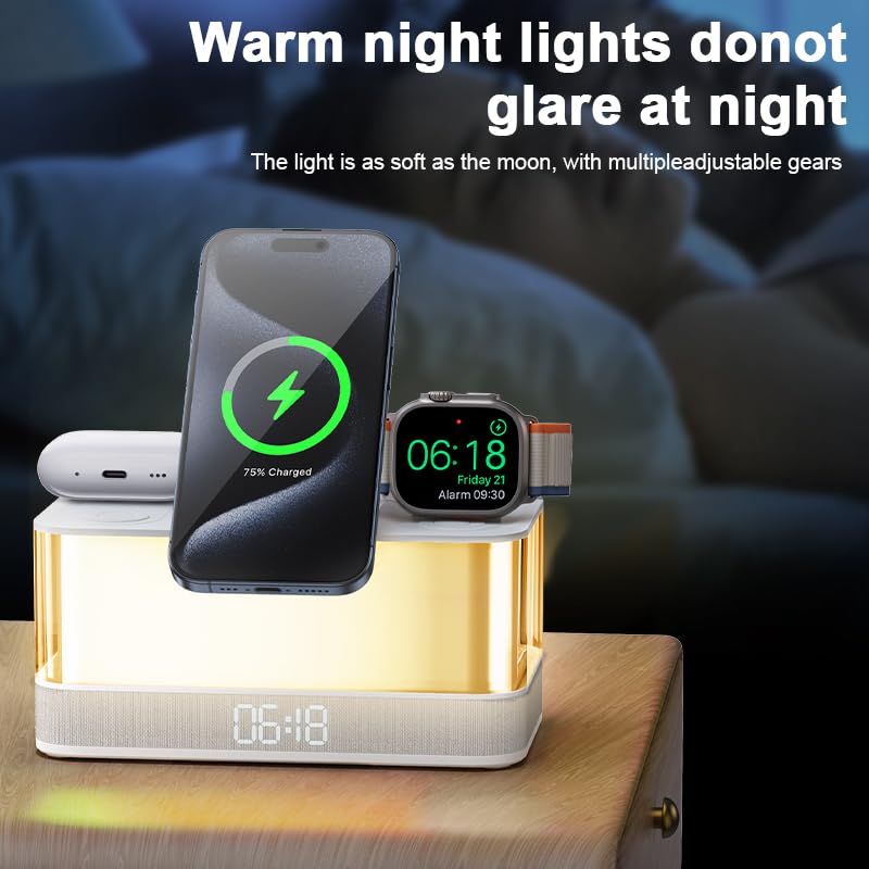 Domars Wireless Charging Station with Bluetooth 5.3 Speaker, 3D LED Night Light, Digital Clock, and Phone Holder for Home, Office, and Bedroom