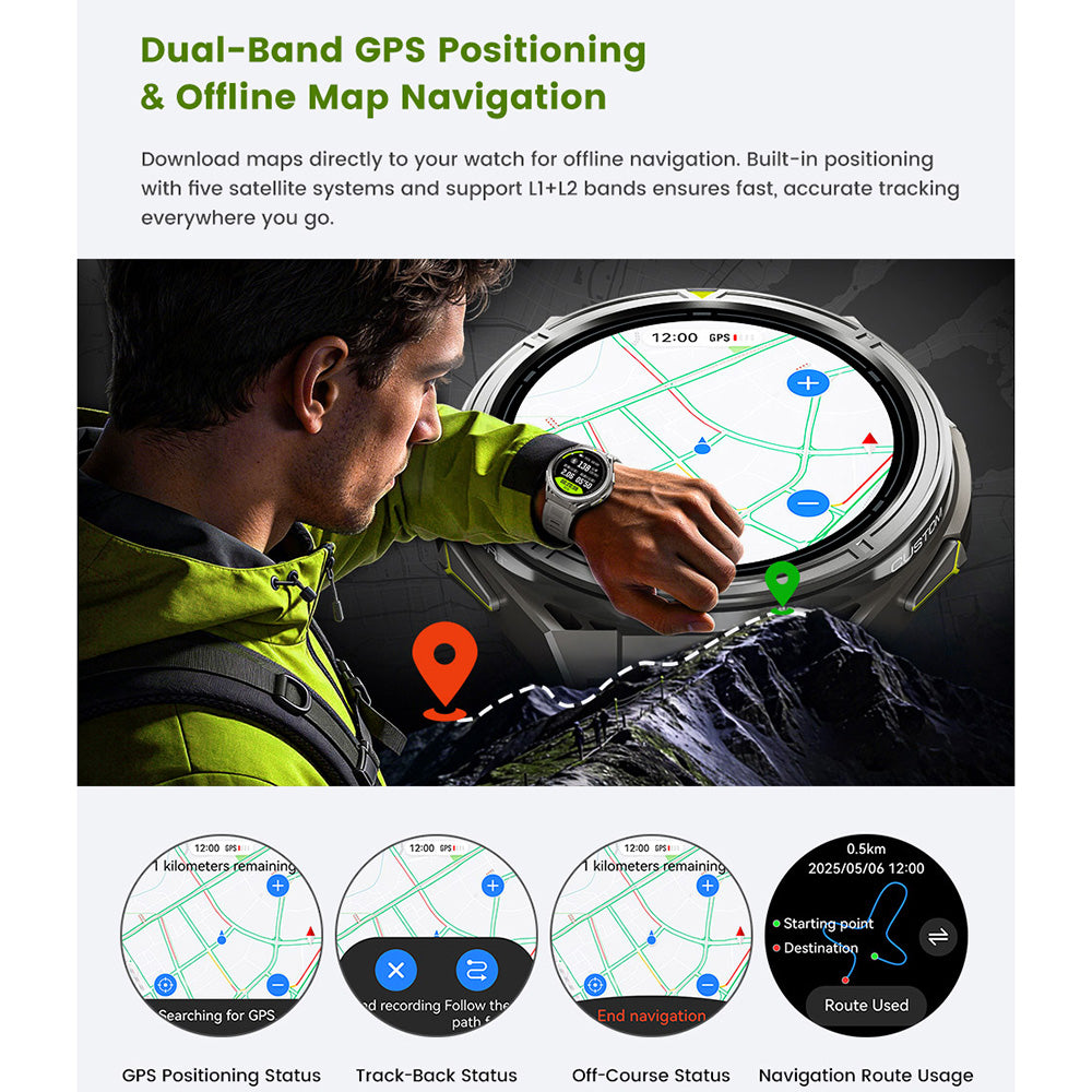 Outdoor GPS Smart Watch, Military Grade Rugged Sports Smartwatch with Dual Band GNSS Offline Map, 5ATM Waterproof, 500mAh Long Battery, Fitness Activity Tracker for Hiking Running Cycling