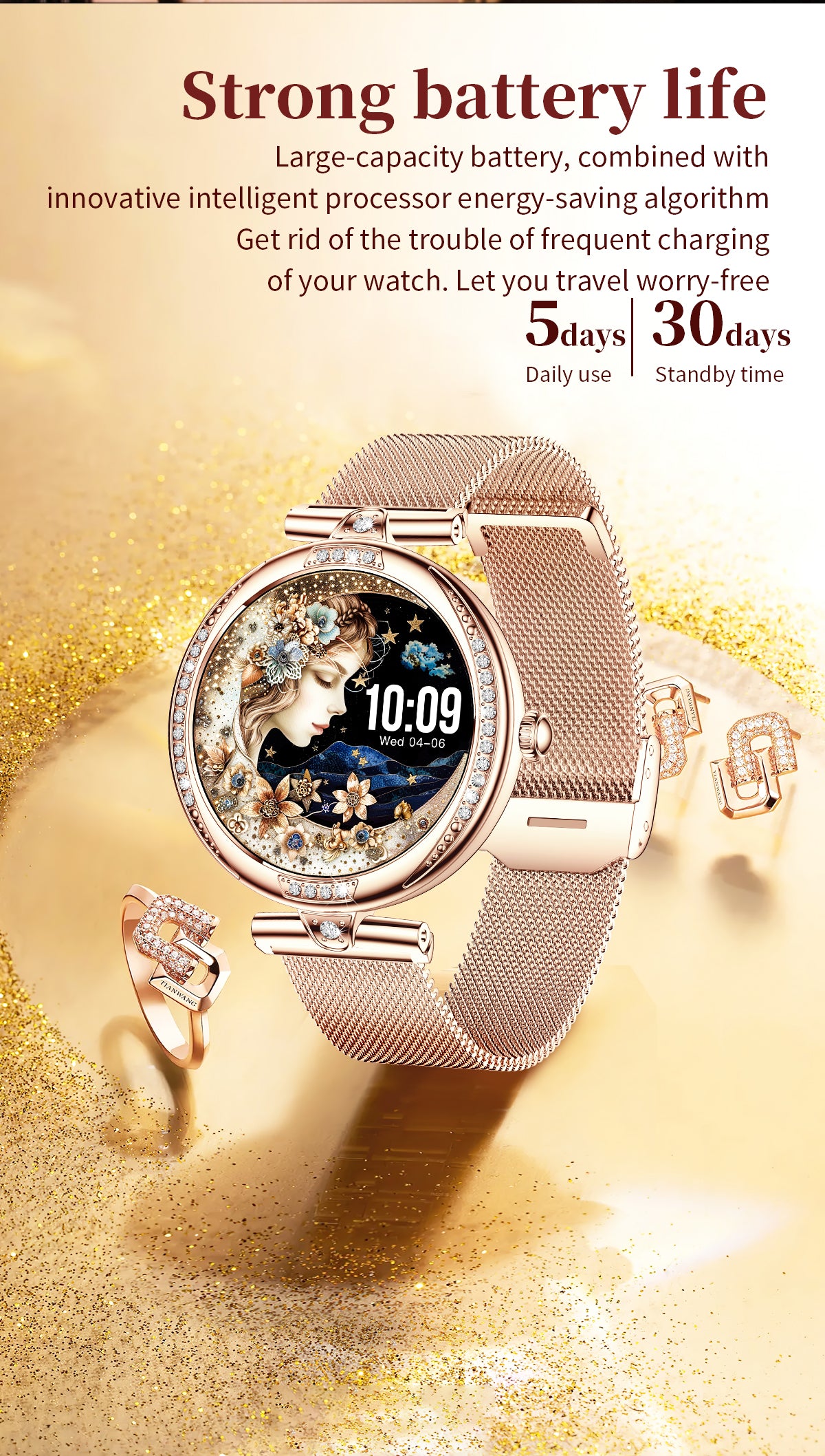 Women Smart Watch, Bluetooth Calling Fitness Tracker, 1.19” AMOLED Diamond Round Wrist Watch IP68 Waterproof Stainless Steel Band Smartwatch for Android iOS Gold Silver