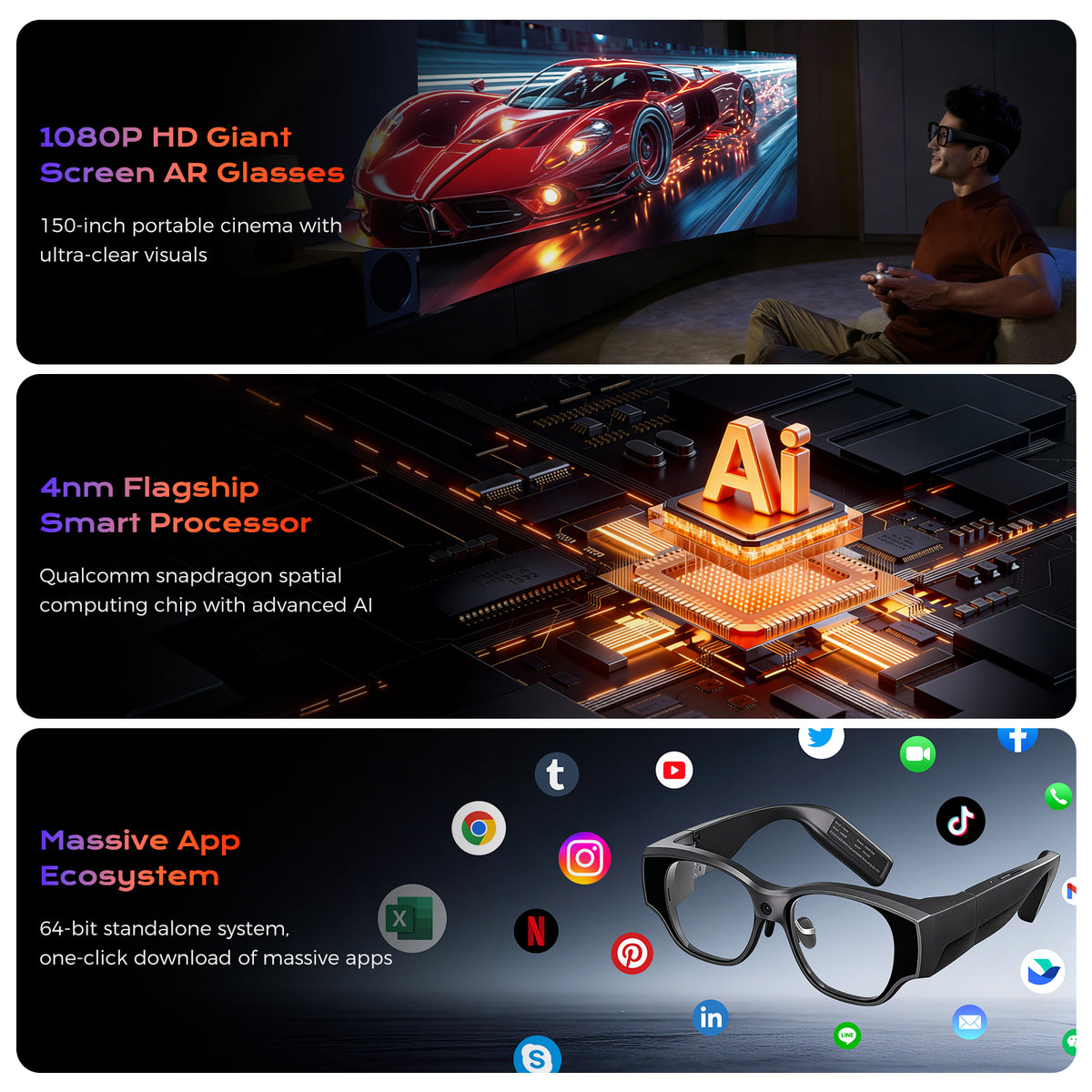 Domar's AI smart glasses feature 8 GB of RAM, 128 GB of storage, Android 14, and a standalone 8-core 4nm processor, making them lightweight smart glasses for hands-free calls and video calls.