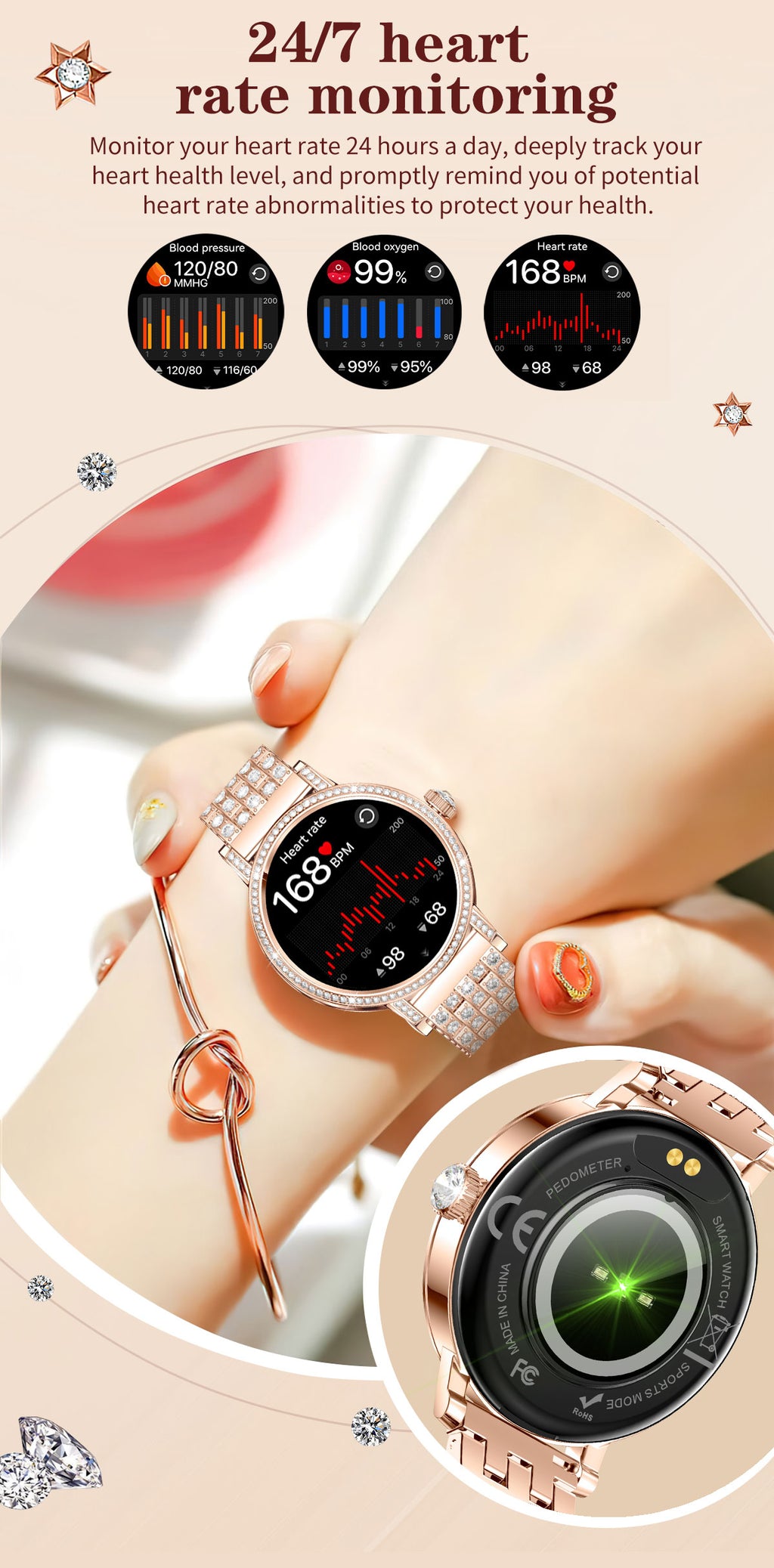 Smart Watch for Women, Diamond Encrusted Fitness Tracker, 1.27" HD Touch Screen IP67 Waterproof Smartwatch Compatible with iOS Android, Multi Sport Modes Long Battery Life Ladies Wrist Watch