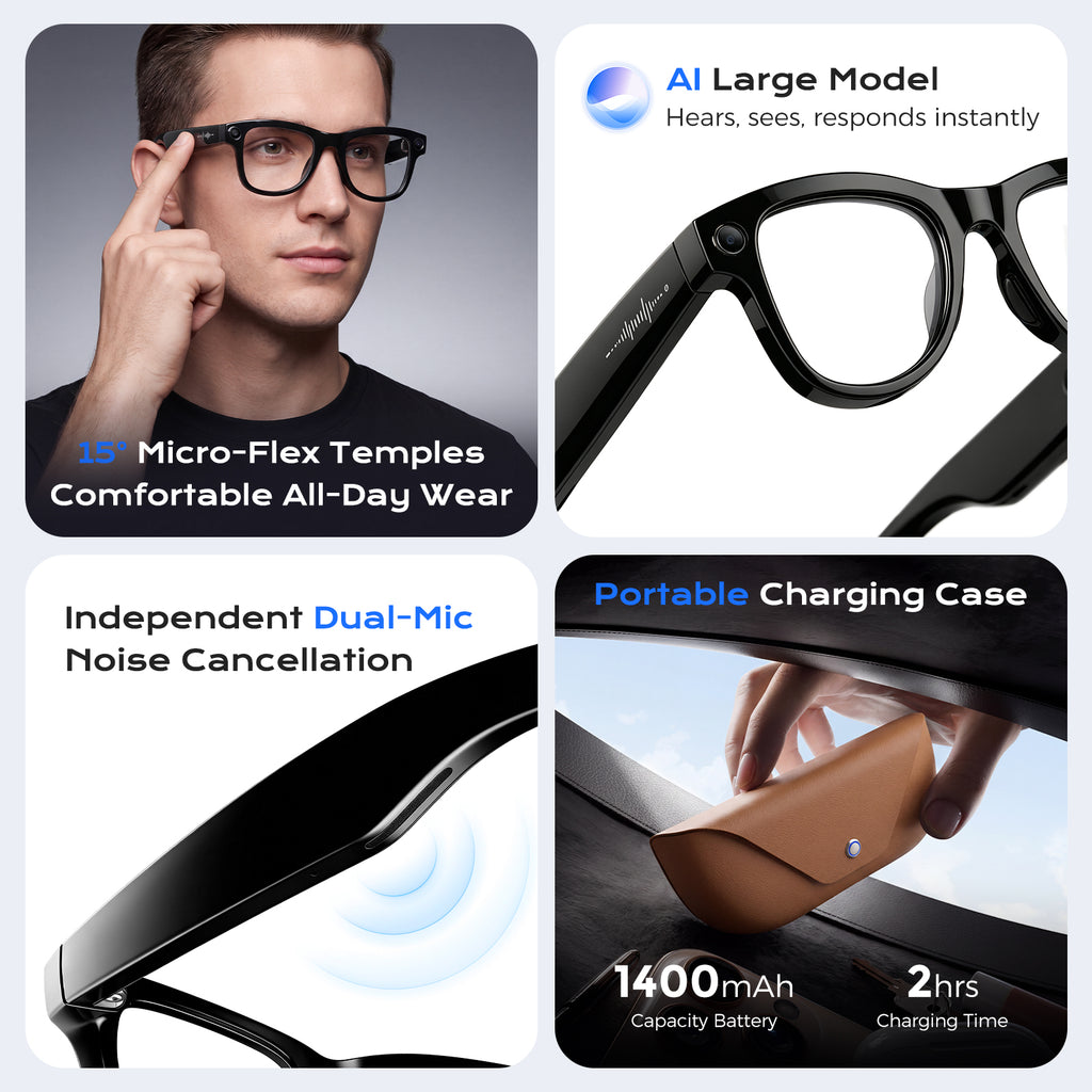 Domars AI Smart Glasses, 13MP Camera and Translation in 40 Languages, 1400mAh Charging Case, Wi-Fi and Bluetooth 5.3, Video and Audio, Real-Time Translation, Voice Assistant for iPhone 18/17/16