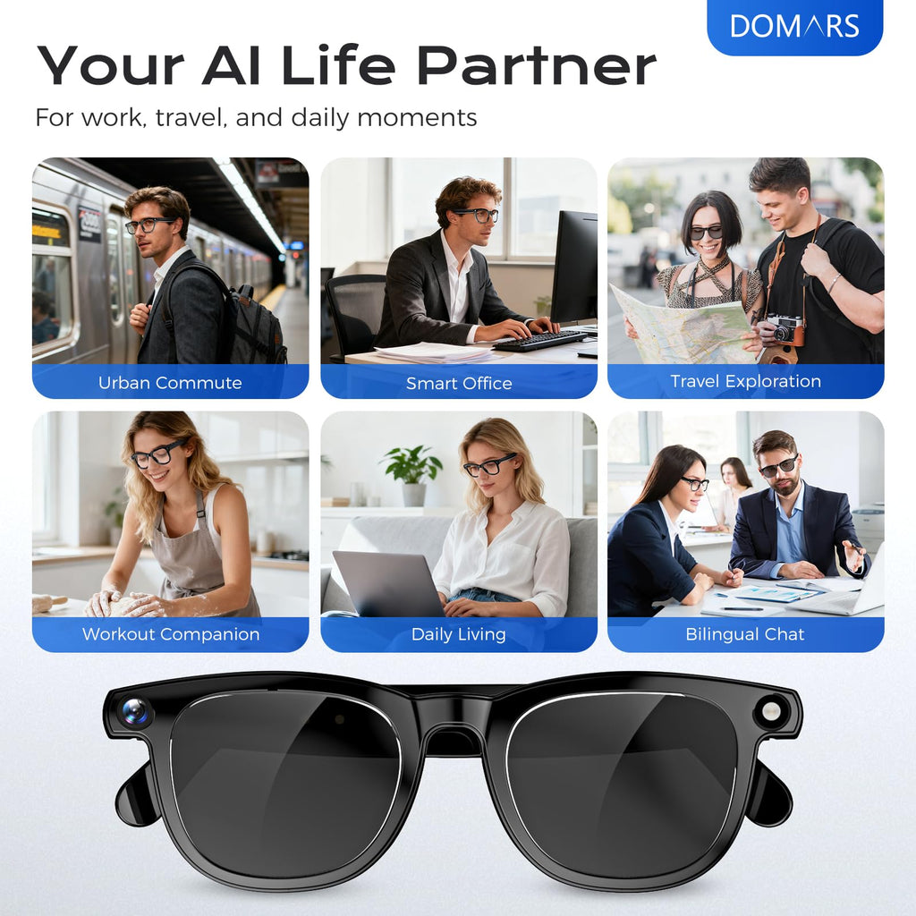 AI Smart Glasses with Camera, 164 Languages Real-Time Translation & ChatGPT/DeepSeek R1, Bluetooth 5.3 Camera Glasses, 12MP Video Recording, HiFi Stereo, IP67 Waterproof, for Travel/Office/Driving