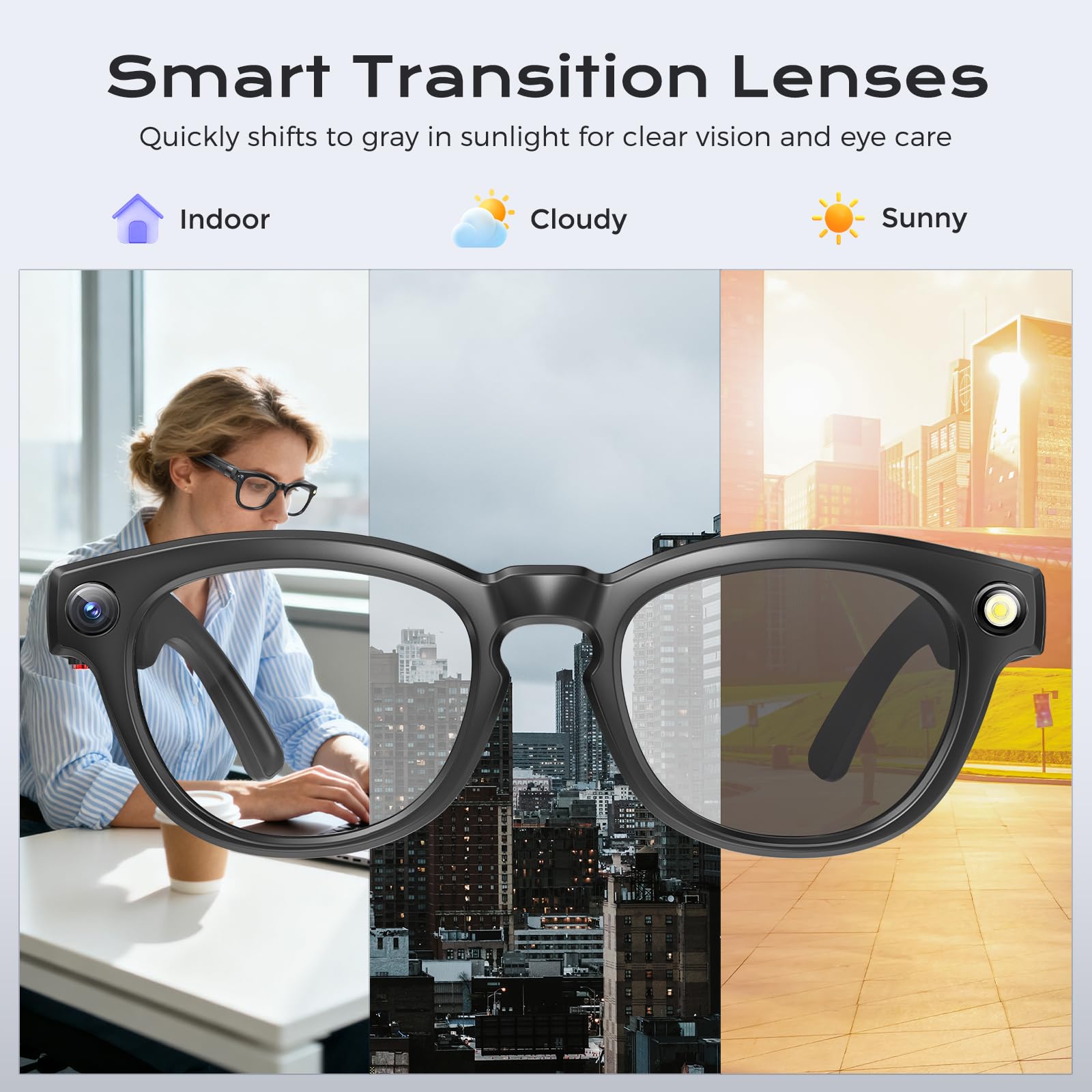 Domars Al Smart Glasses with 8MP Camera & 4K Video, AI Real-Time Translation, Auto-Dimming Lenses, Bluetooth 5.3, Magnetic Charging, UV Protection – for Work, Travel & Everyday Use