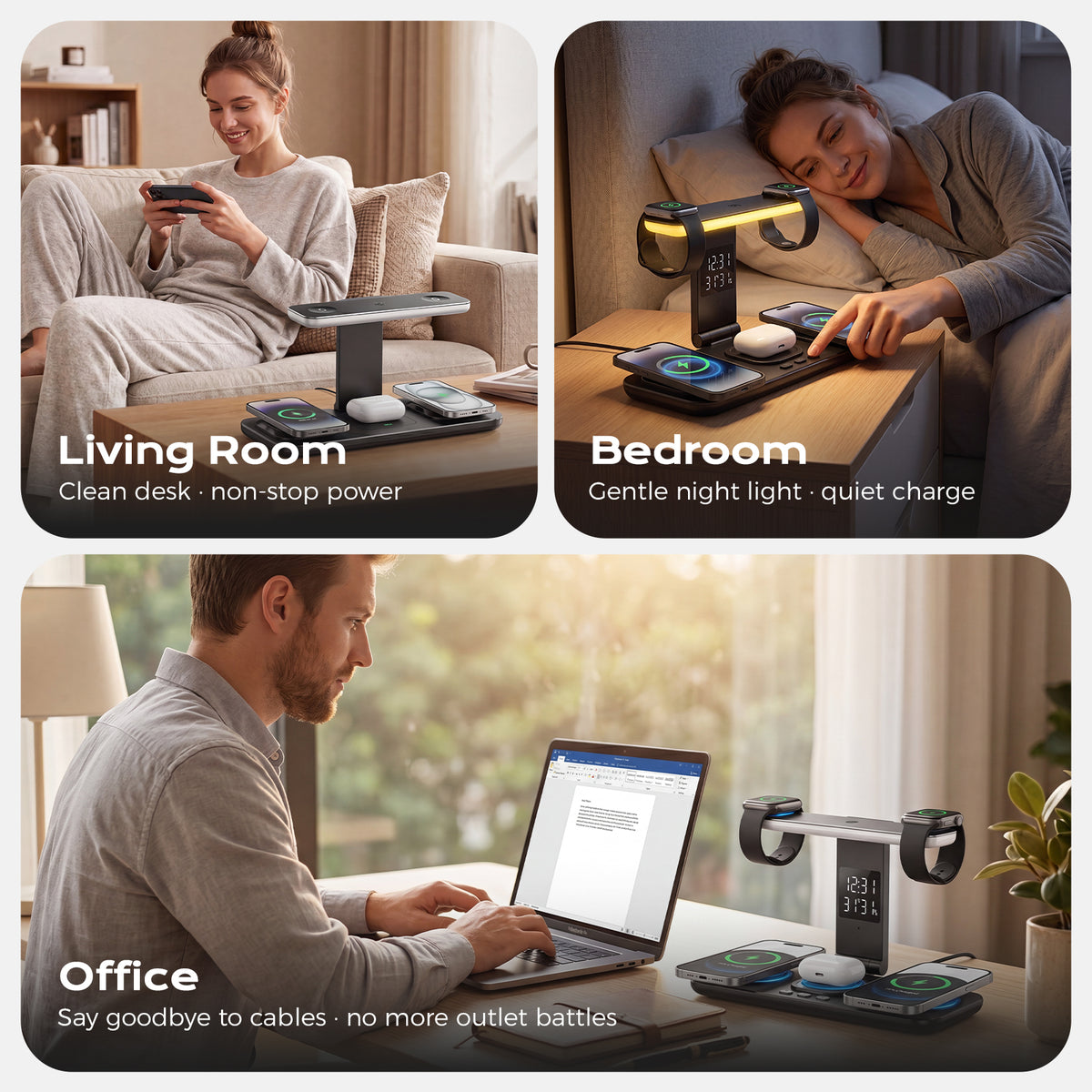 Domars 5-in-1 Foldable Wireless Charger Station, 15W Fast Charging Stand for Multiple Devices with Dual Apple Watch Charger, Touch Control Desk Lamp & Digital Clock, Compatible with iPhone 12-16, AirPods, Apple Watch Series 1-10/Ultra 1/2